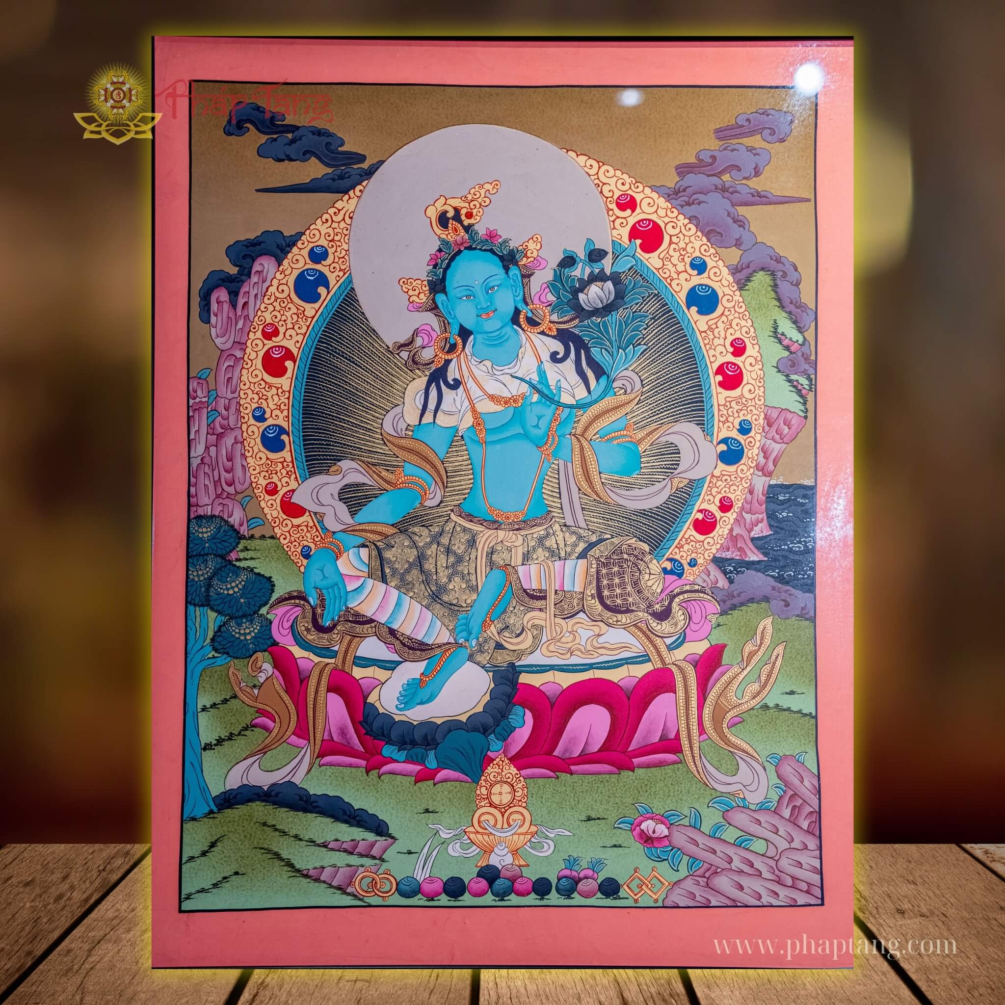 THANGKA BỒ TÁT TARA XANH VẼ TAY NEPAL KT 66X53CM