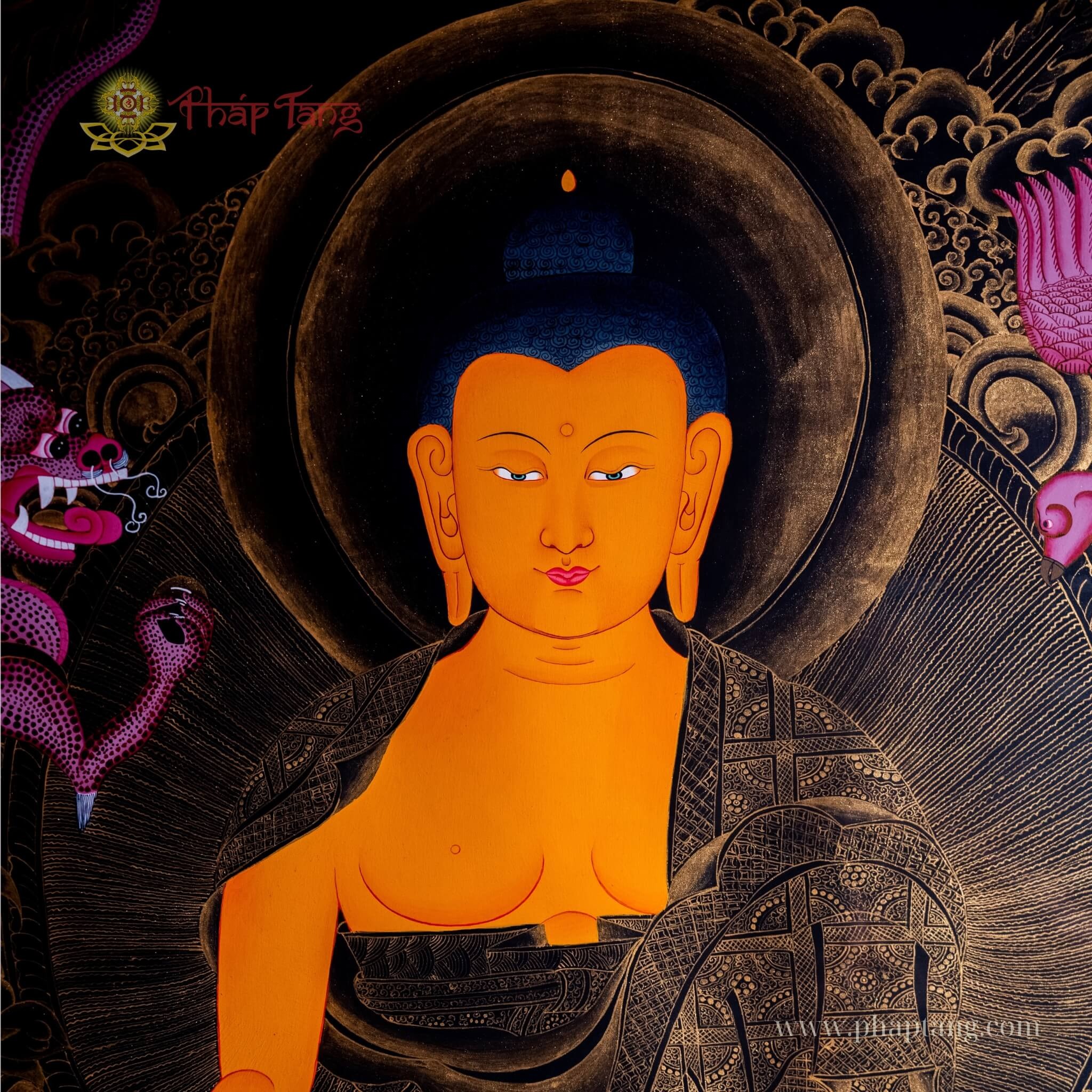 THANGKA ĐỨC BỔN SƯ  THÍCH CA VẼ VÀNG NỀN ĐEN KT 117X155cm