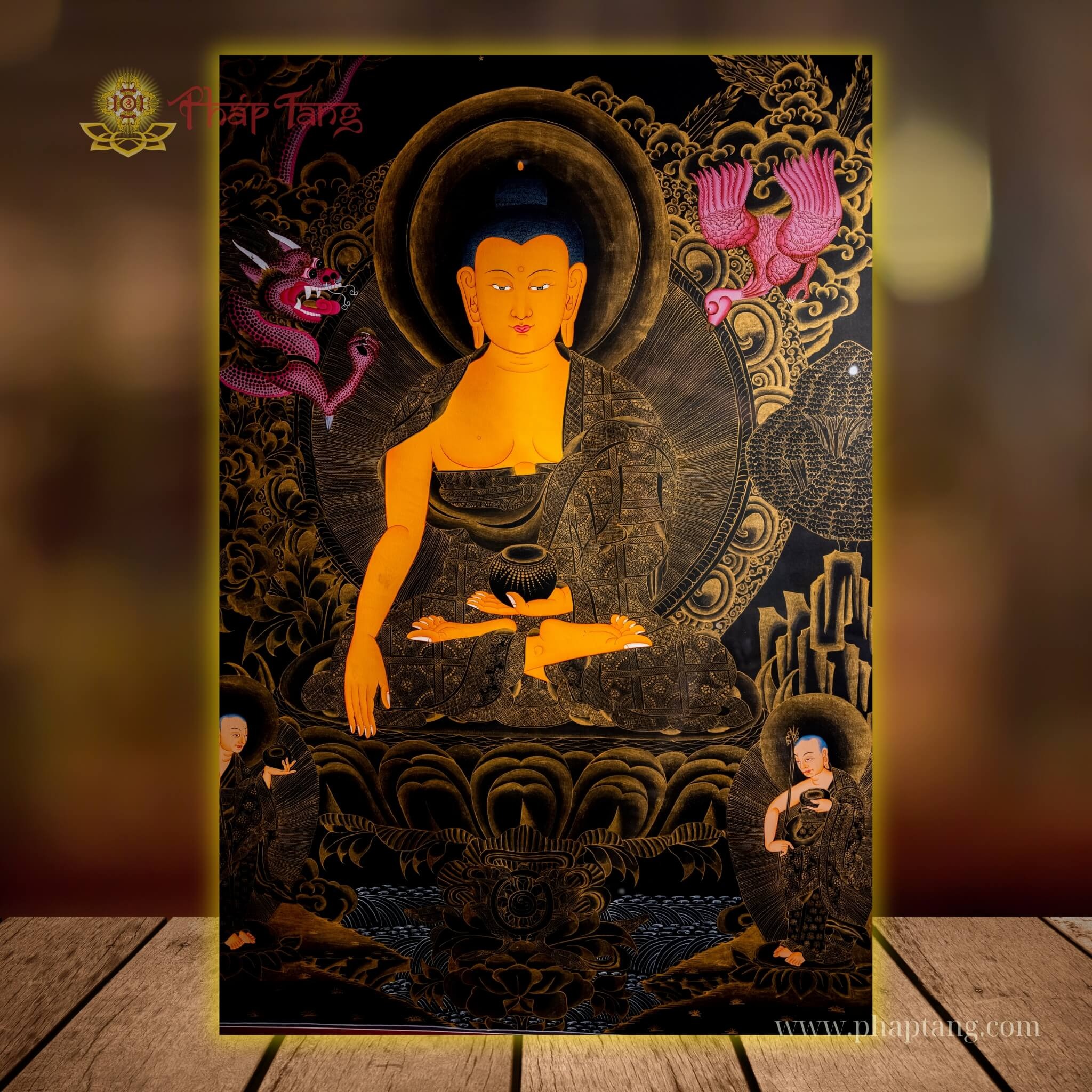 THANGKA ĐỨC BỔN SƯ  THÍCH CA VẼ VÀNG NỀN ĐEN KT 117X155cm