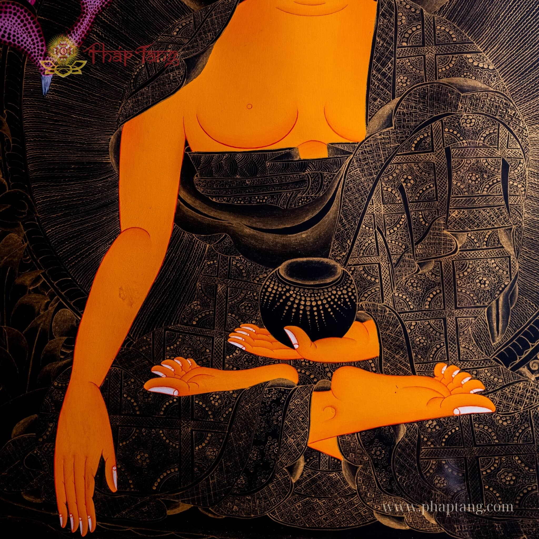 THANGKA ĐỨC BỔN SƯ  THÍCH CA VẼ VÀNG NỀN ĐEN KT 117X155cm