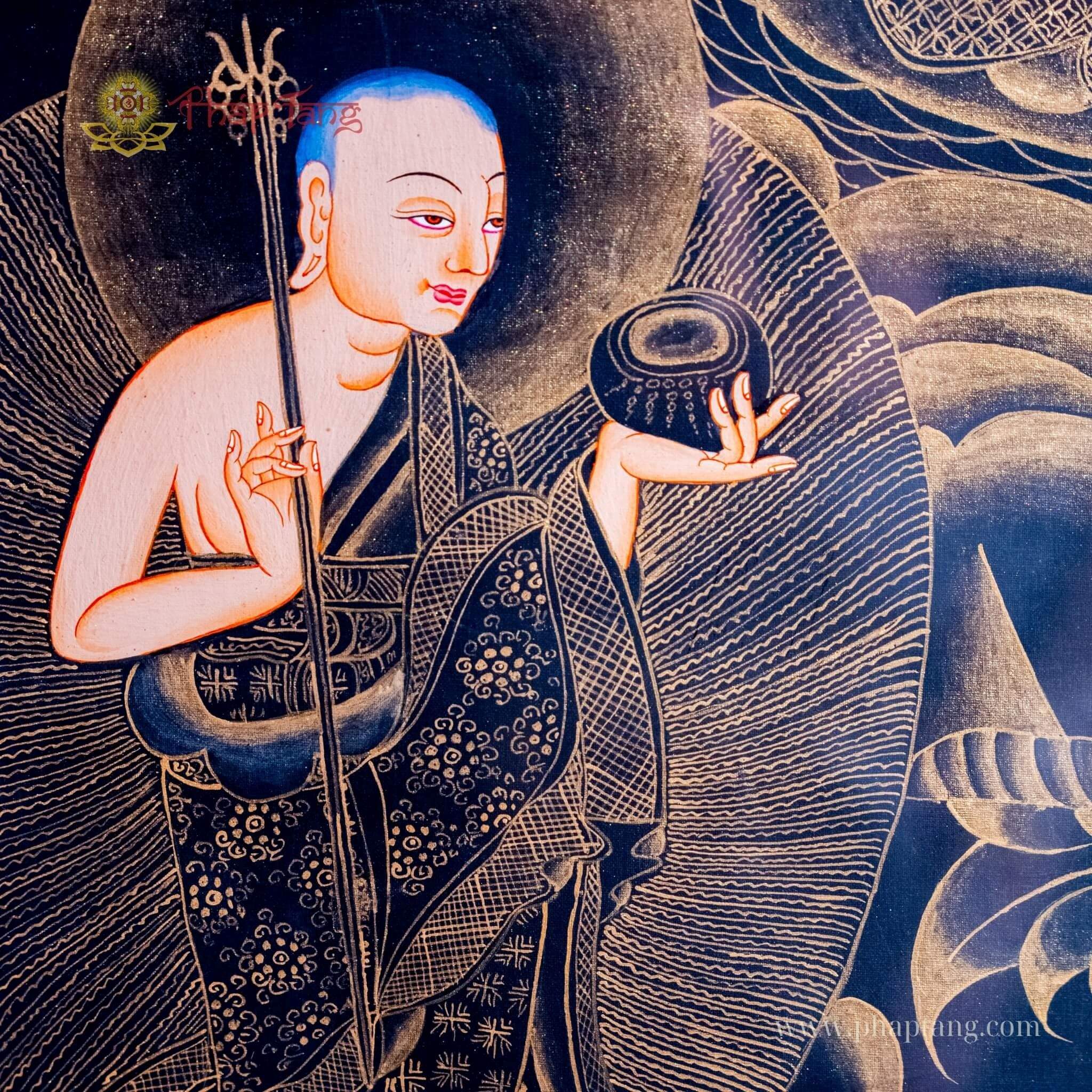 THANGKA ĐỨC BỔN SƯ  THÍCH CA VẼ VÀNG NỀN ĐEN KT 117X155cm