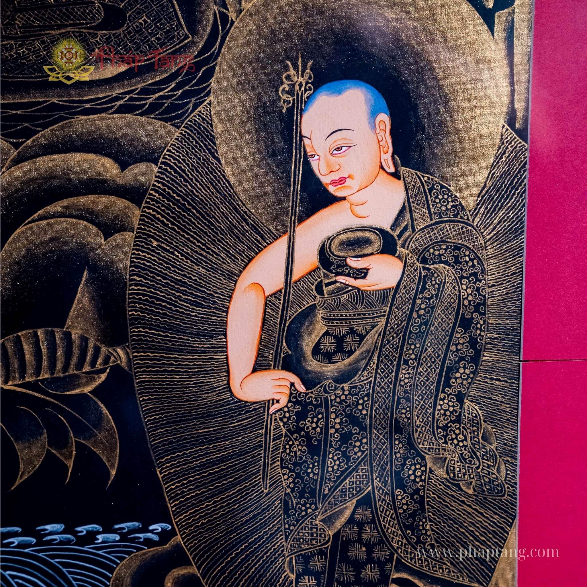 THANGKA ĐỨC BỔN SƯ  THÍCH CA VẼ VÀNG NỀN ĐEN KT 117X155cm