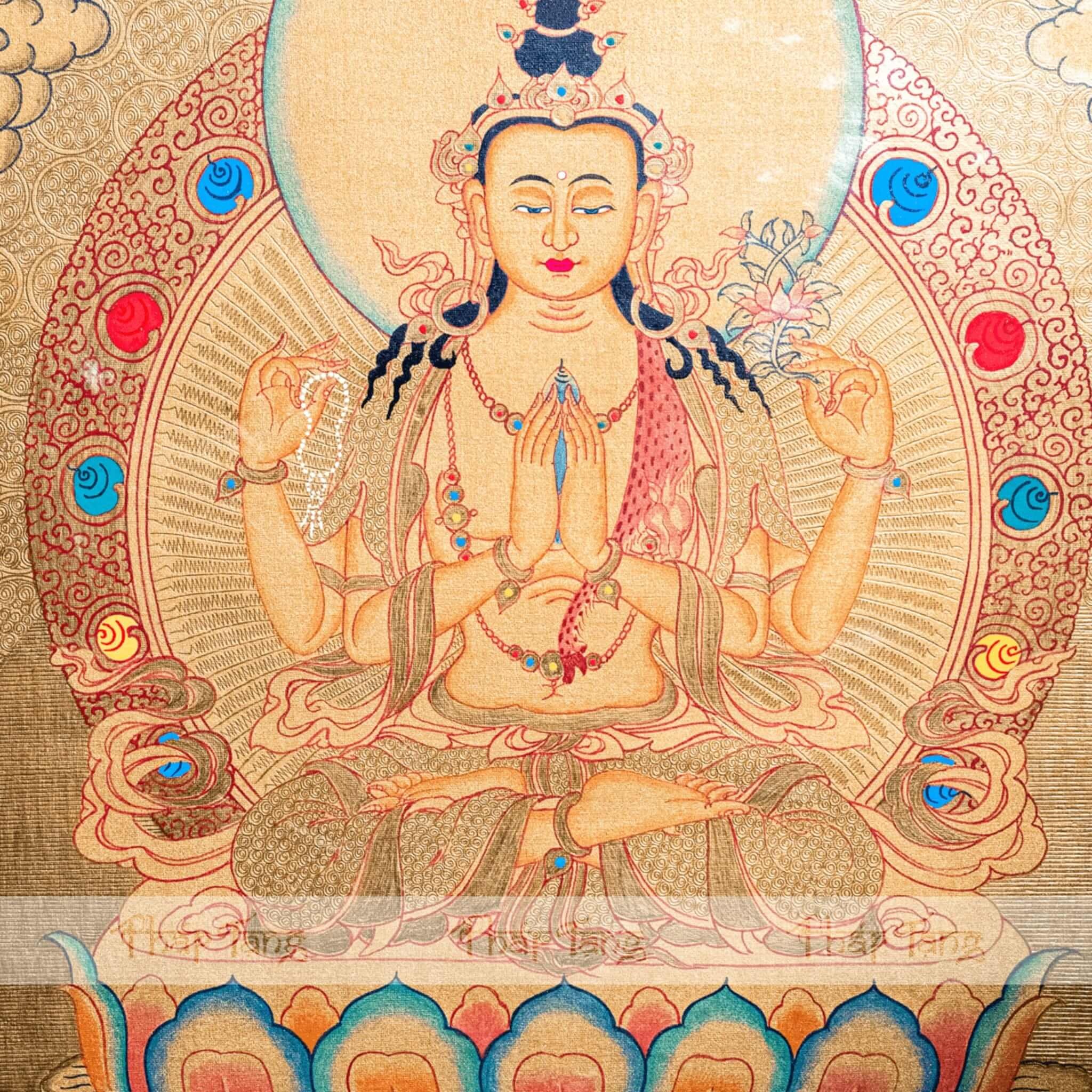 THANGKA ĐỨC QUAN ÂM TỨ THỦ VIỀN ĐỎ CAM KT44*55cm