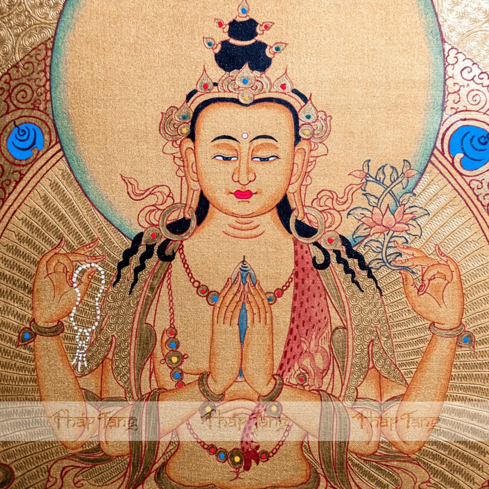 THANGKA ĐỨC QUAN ÂM TỨ THỦ VIỀN ĐỎ CAM KT44*55cm