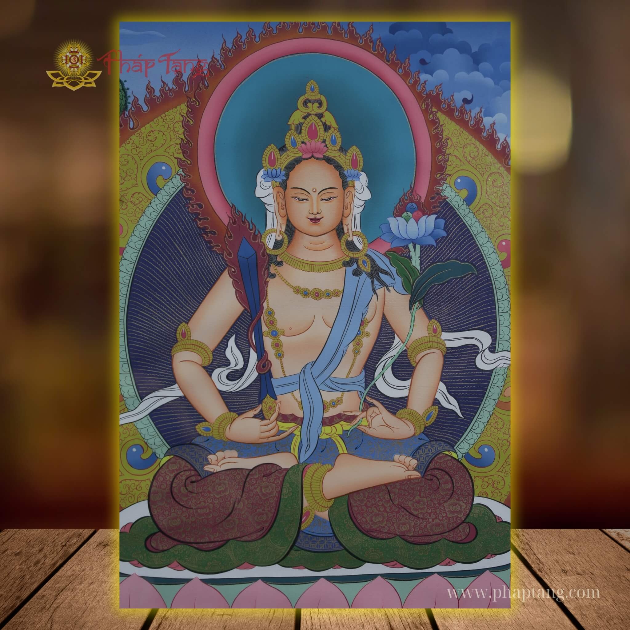 THANGKA BỒ TÁT HƯ KHÔNG TẠNG VẼ TAY THỦ CÔNG NEPAL KT 63X77CM