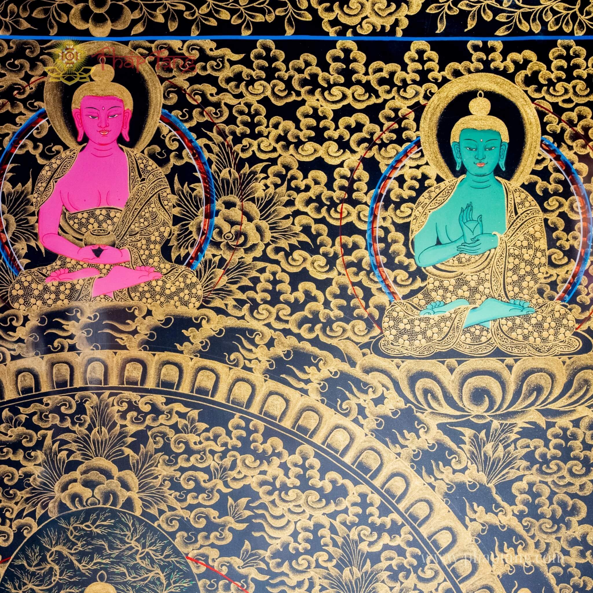 THANGKA NGŨ TRÍ NHƯ LAI VẼ VÀNG NỀN ĐEN PHIÊN BẢN ĐẶC BIỆT KT 128X60cm