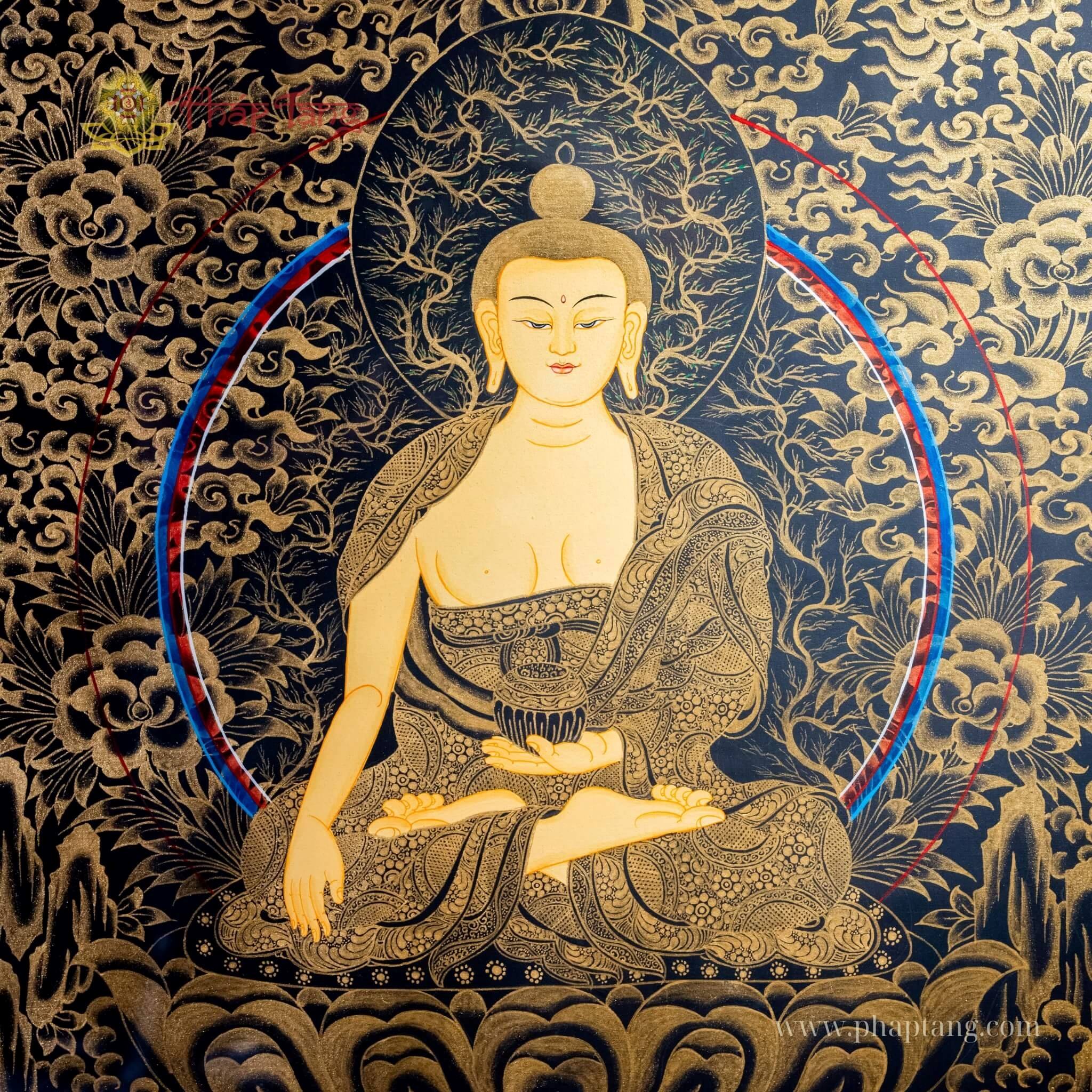 THANGKA NGŨ TRÍ NHƯ LAI VẼ VÀNG NỀN ĐEN PHIÊN BẢN ĐẶC BIỆT KT 128X60cm