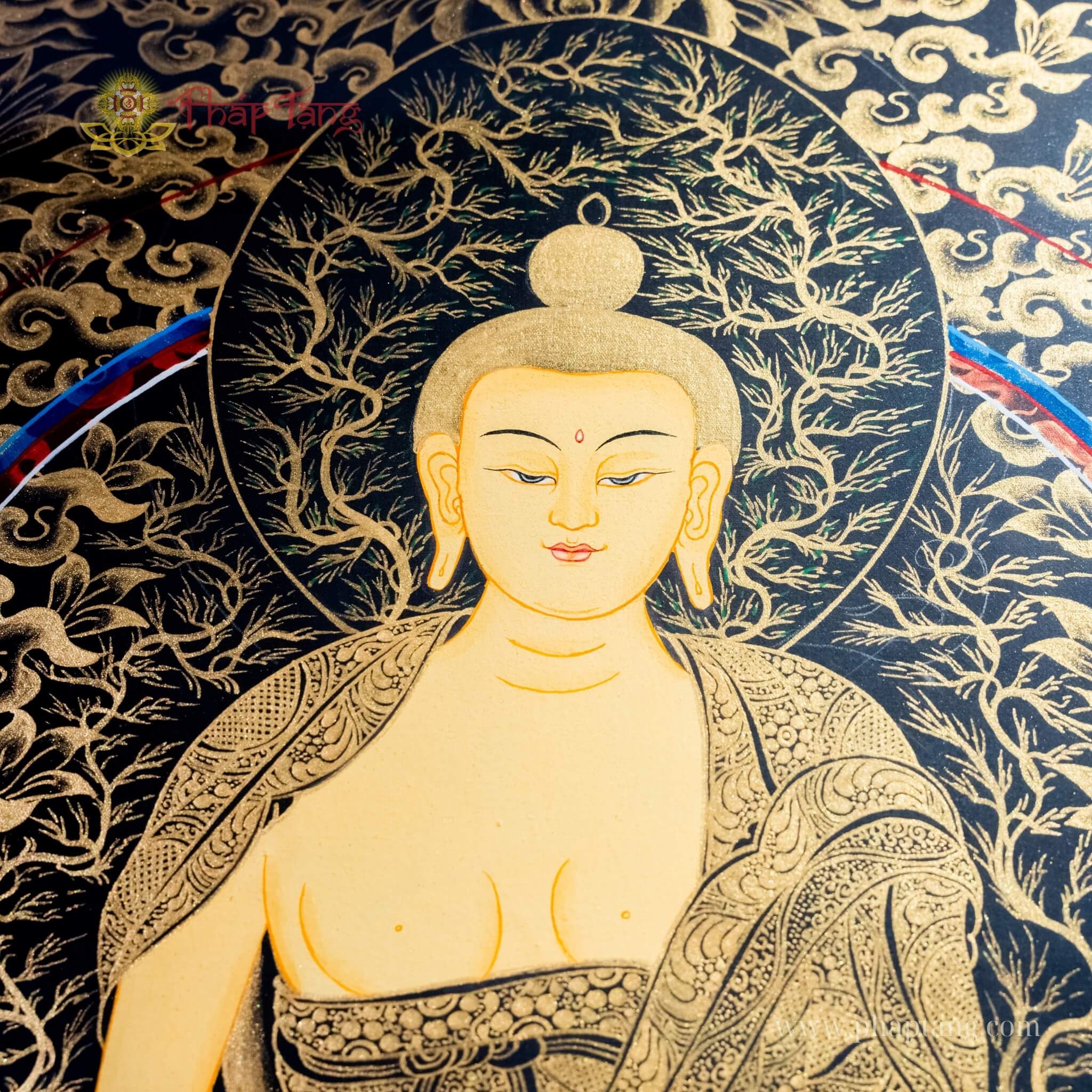 THANGKA NGŨ TRÍ NHƯ LAI VẼ VÀNG NỀN ĐEN PHIÊN BẢN ĐẶC BIỆT KT 128X60cm