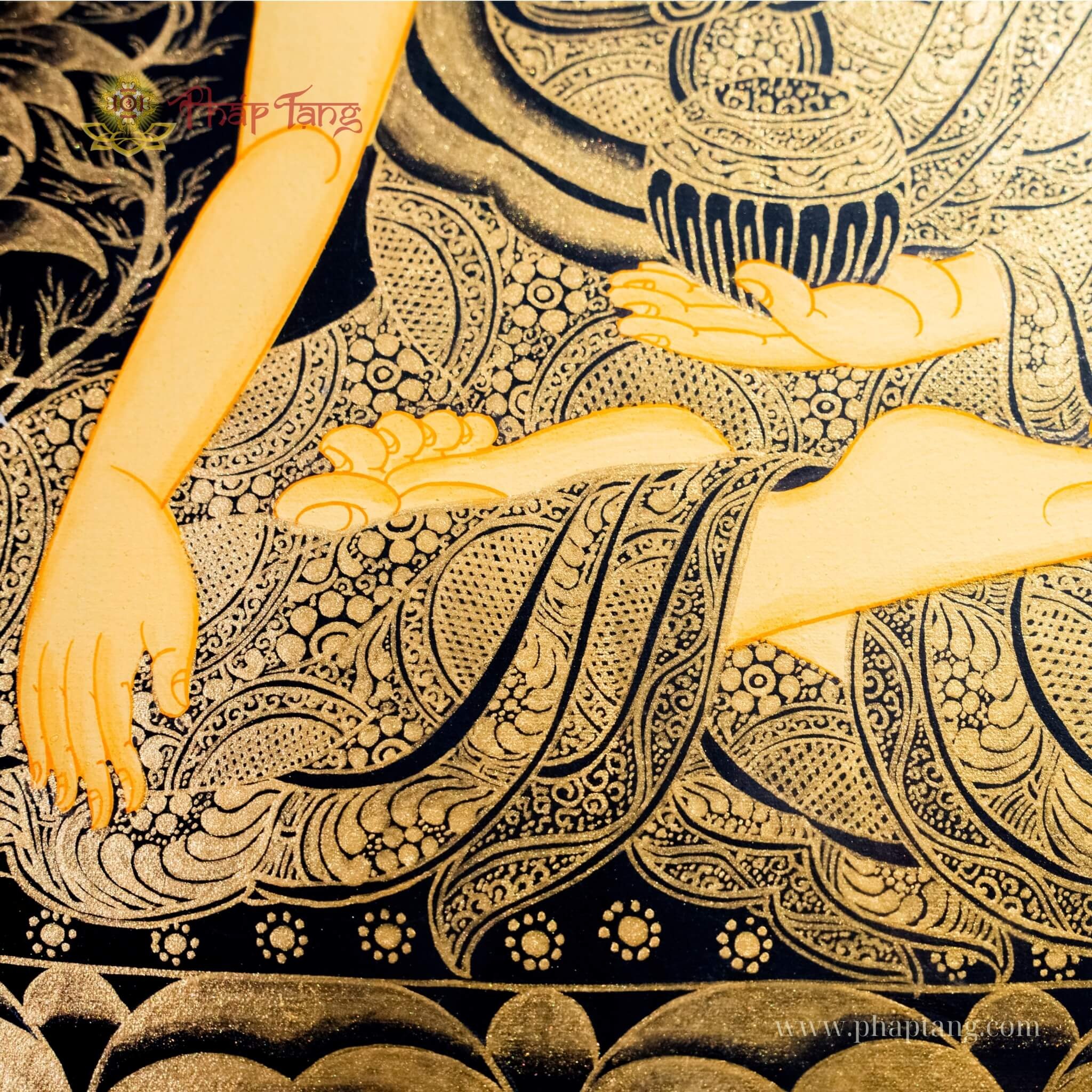 THANGKA NGŨ TRÍ NHƯ LAI VẼ VÀNG NỀN ĐEN PHIÊN BẢN ĐẶC BIỆT KT 128X60cm