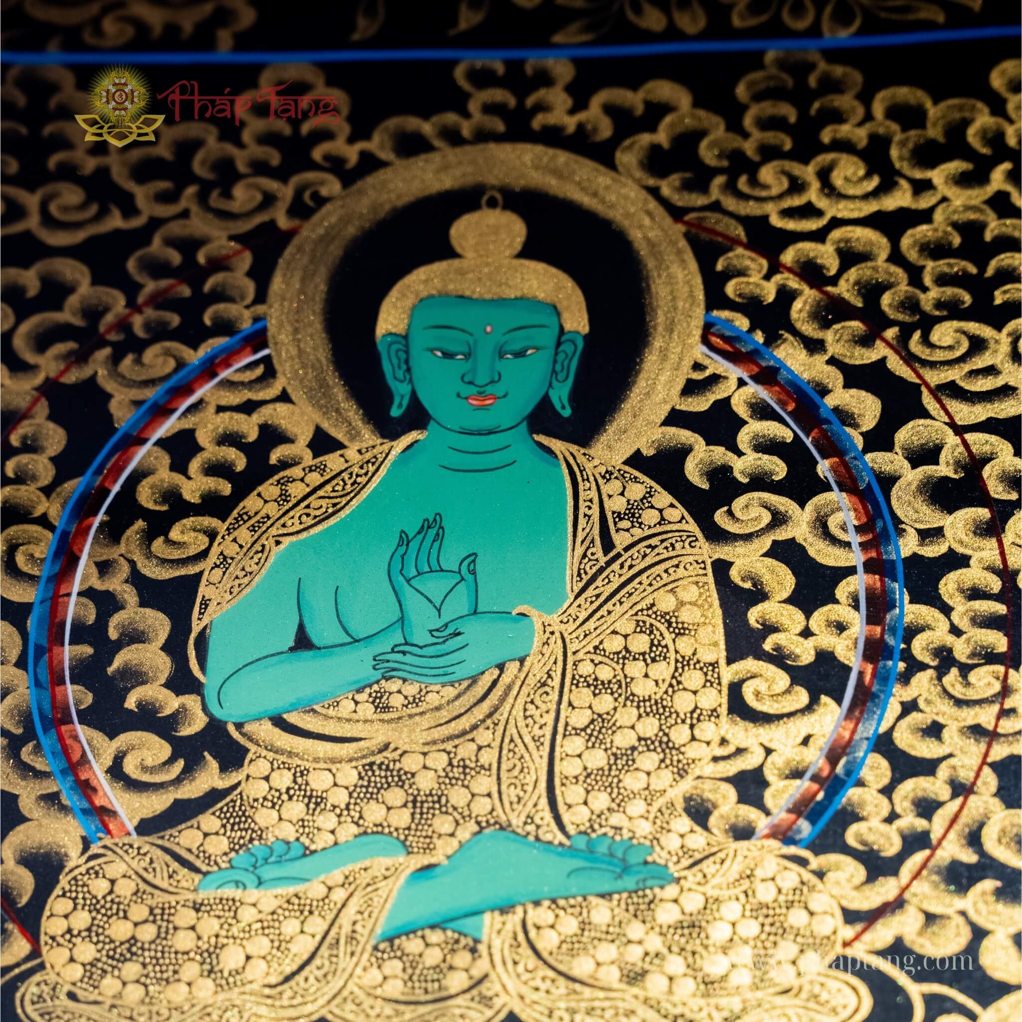 THANGKA NGŨ TRÍ NHƯ LAI VẼ VÀNG NỀN ĐEN PHIÊN BẢN ĐẶC BIỆT KT 128X60cm