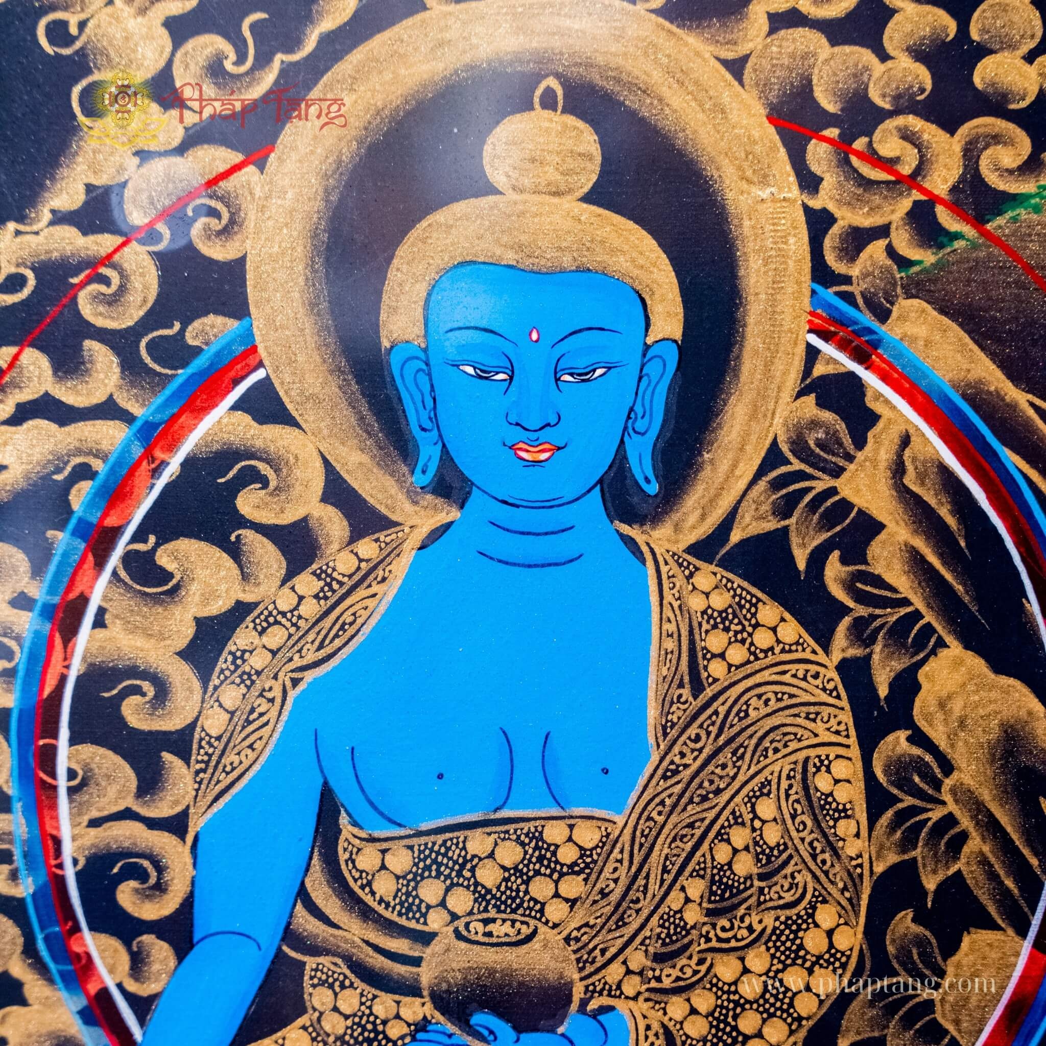 THANGKA NGŨ TRÍ NHƯ LAI VẼ VÀNG NỀN ĐEN PHIÊN BẢN ĐẶC BIỆT KT 128X60cm