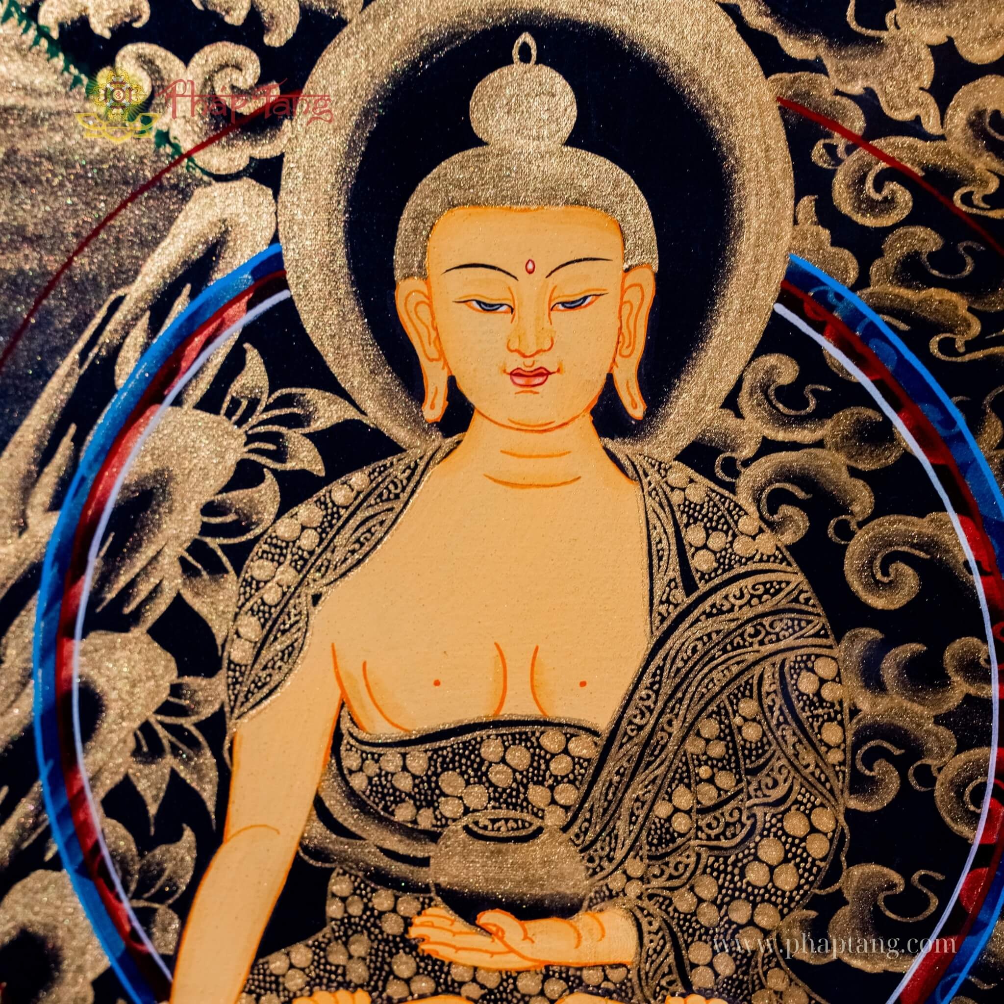 THANGKA NGŨ TRÍ NHƯ LAI VẼ VÀNG NỀN ĐEN PHIÊN BẢN ĐẶC BIỆT KT 128X60cm