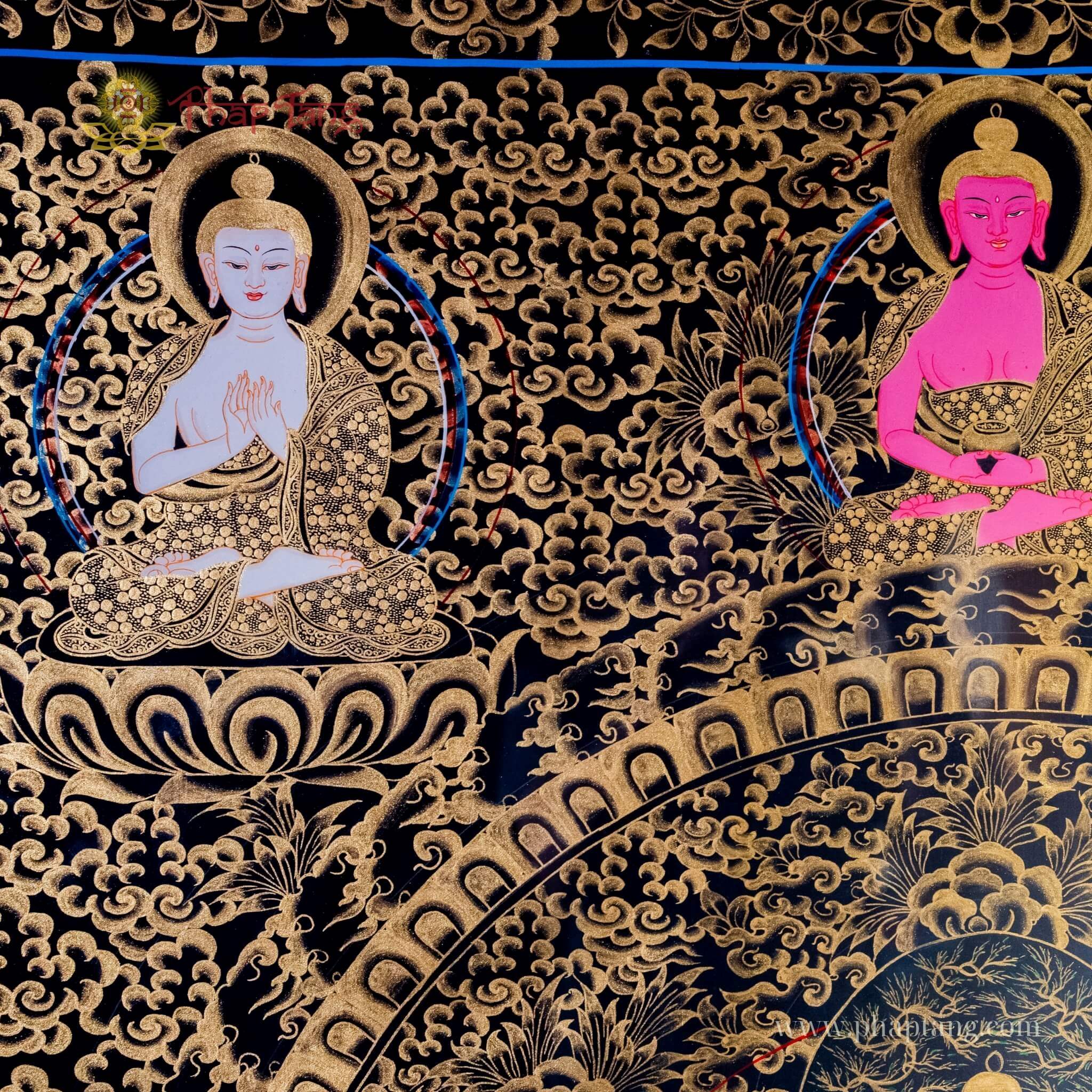 THANGKA NGŨ TRÍ NHƯ LAI VẼ VÀNG NỀN ĐEN PHIÊN BẢN ĐẶC BIỆT KT 128X60cm