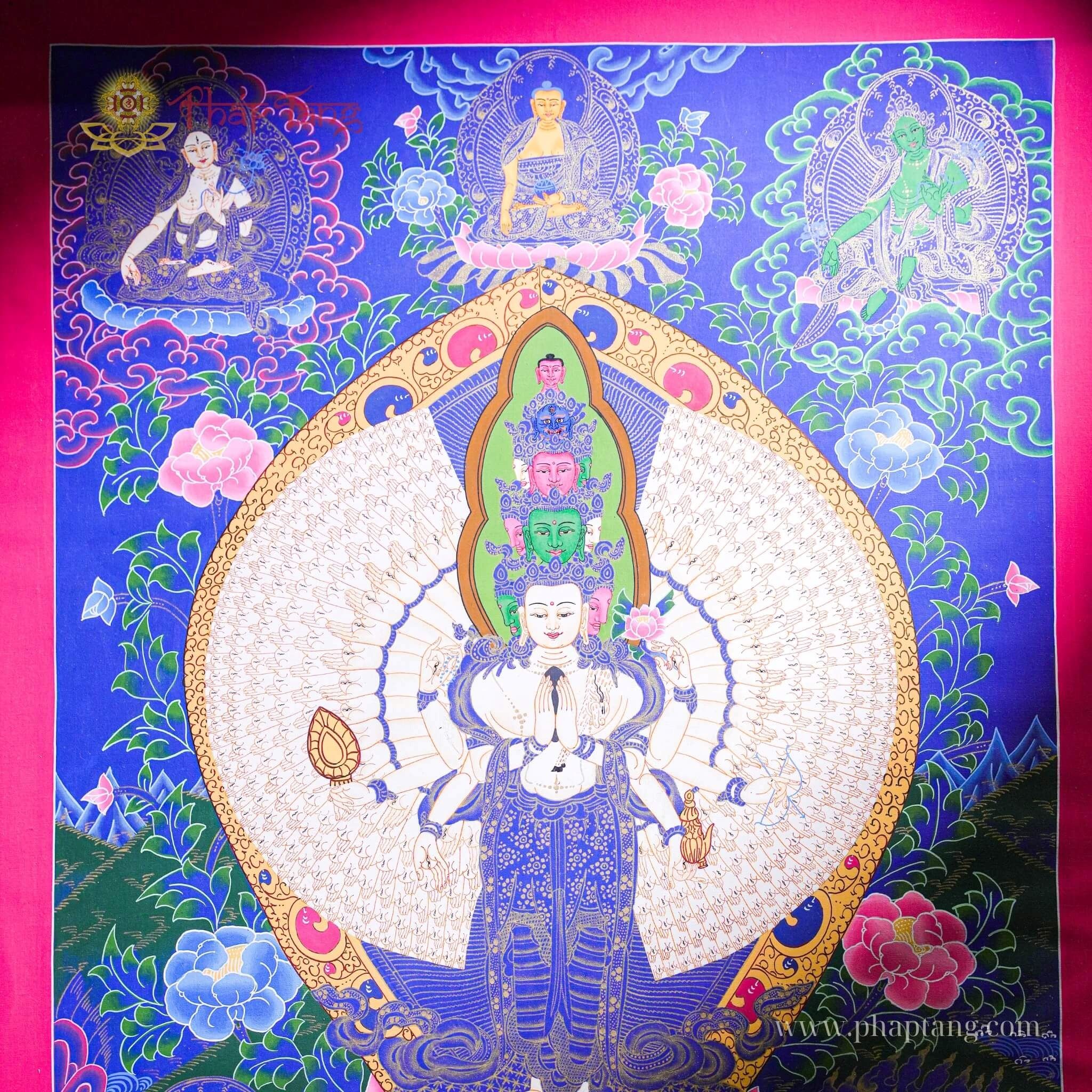 THANGKA BỒ TÁT QUAN ÂM THẬP NHẤT DIỆN VẼ TAY NEPAL KT 79X62CM