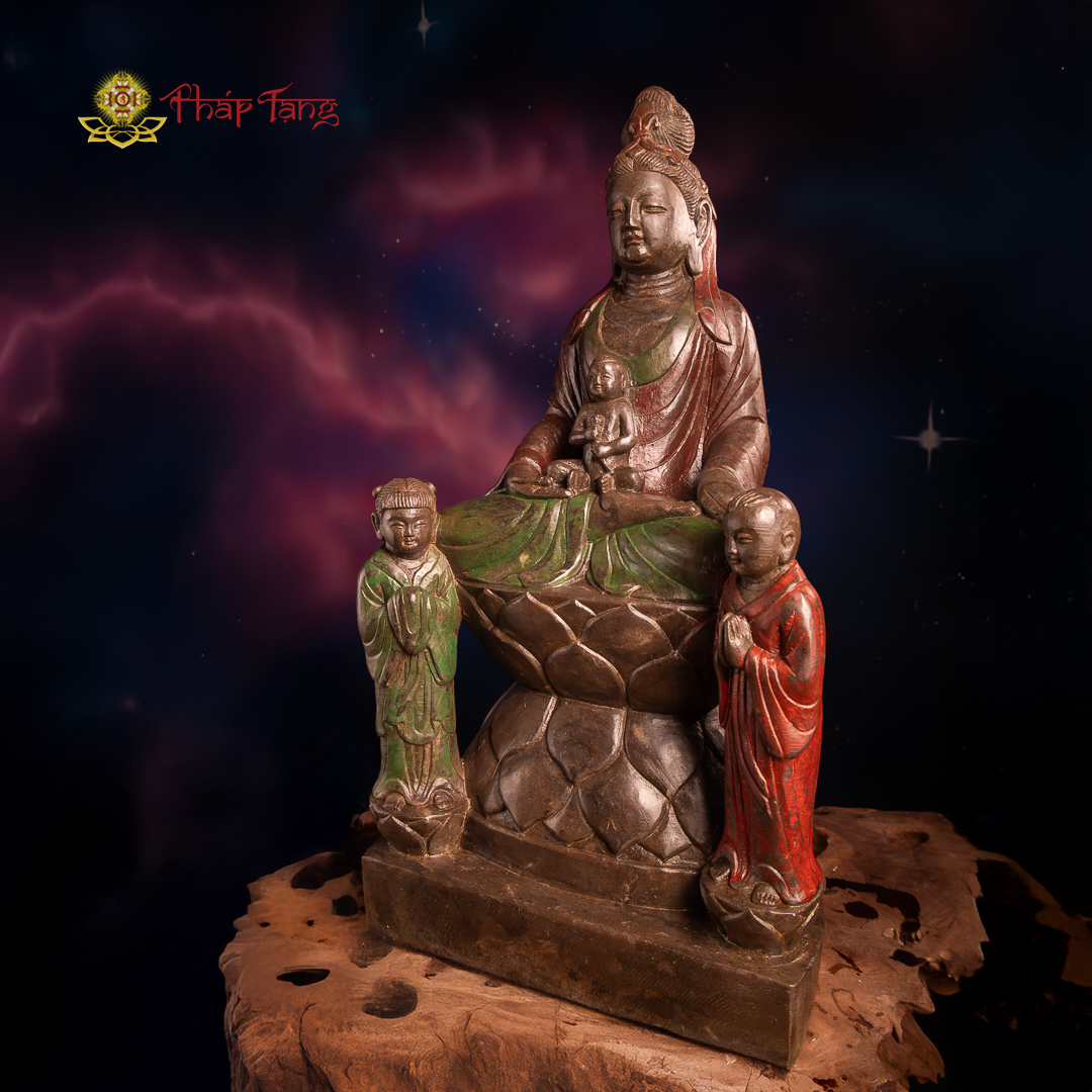 TƯỢNG BỒ TÁT QUAN ÂM ĐỒNG TỬ ĐÁ CỔ ẤN ĐỘ CAO 61CM