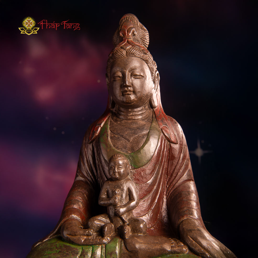 TƯỢNG BỒ TÁT QUAN ÂM ĐỒNG TỬ ĐÁ CỔ ẤN ĐỘ CAO 61CM