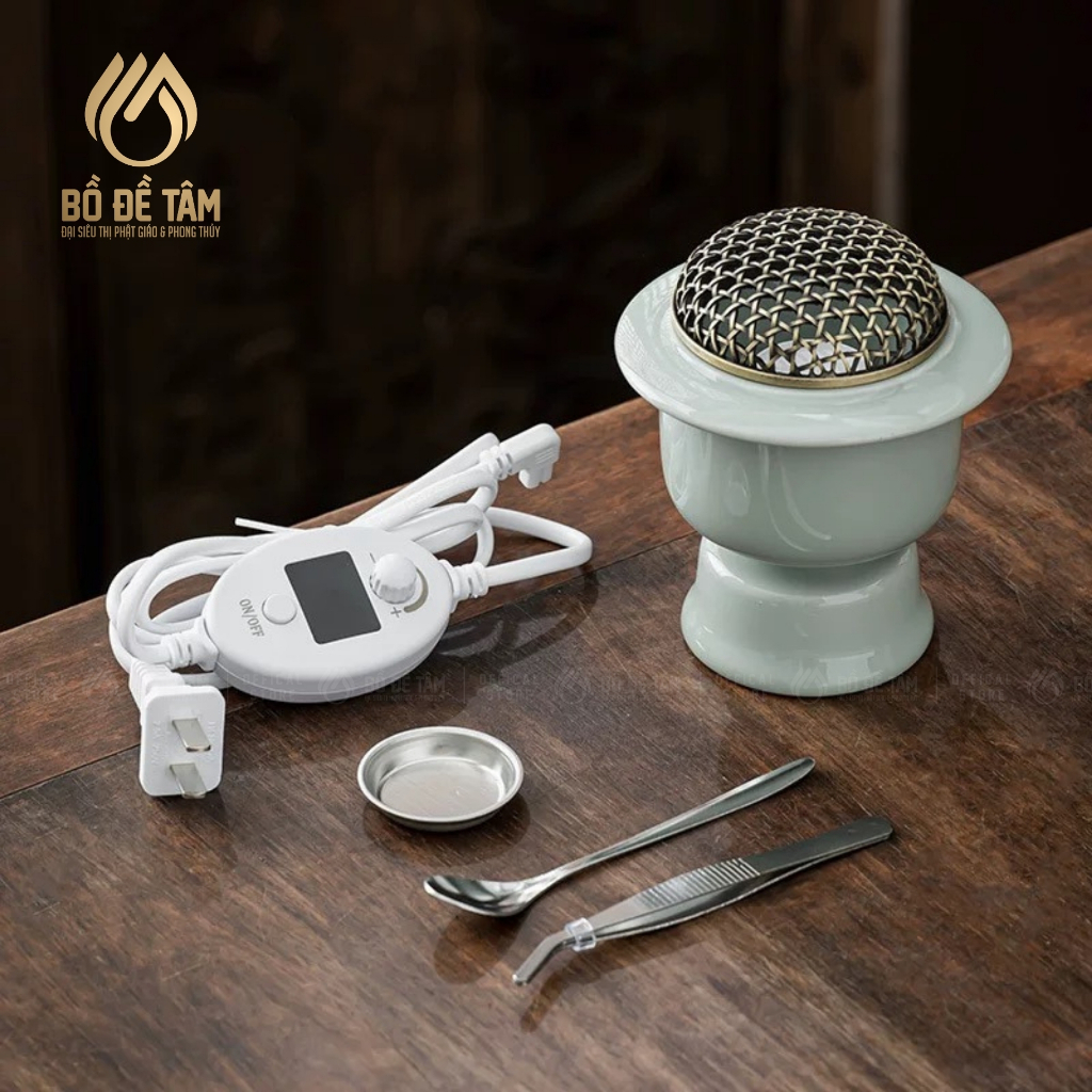 Lư Điện Xông Trầm Hương Gốm Nắp Đồng - Chất Liệu Gốm Sứ Xanh Ngọc Cao Cấp - Không gian bài trí trang nghiêm thanh tịnh - Siêu Thị Đại Bồ Đề Tâm