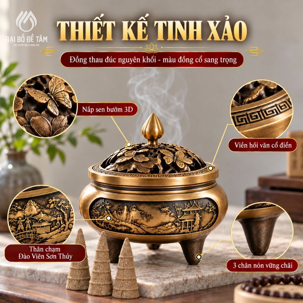[COMBO TIẾT KIỆM] Lư Xông Trầm Đồng 3 Chân + Tặng Nụ Trầm Hương Tự Nhiên 20 Nụ - Chi tiết chất liệu và đường nét hoàn thiện - Siêu Thị Đại Bồ Đề Tâm