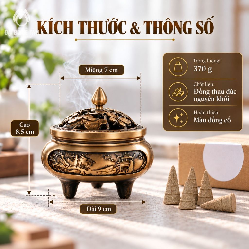 [COMBO TIẾT KIỆM] Lư Xông Trầm Đồng 3 Chân + Tặng Nụ Trầm Hương Tự Nhiên 20 Nụ - Không gian bài trí trang nghiêm thanh tịnh - Siêu Thị Đại Bồ Đề Tâm