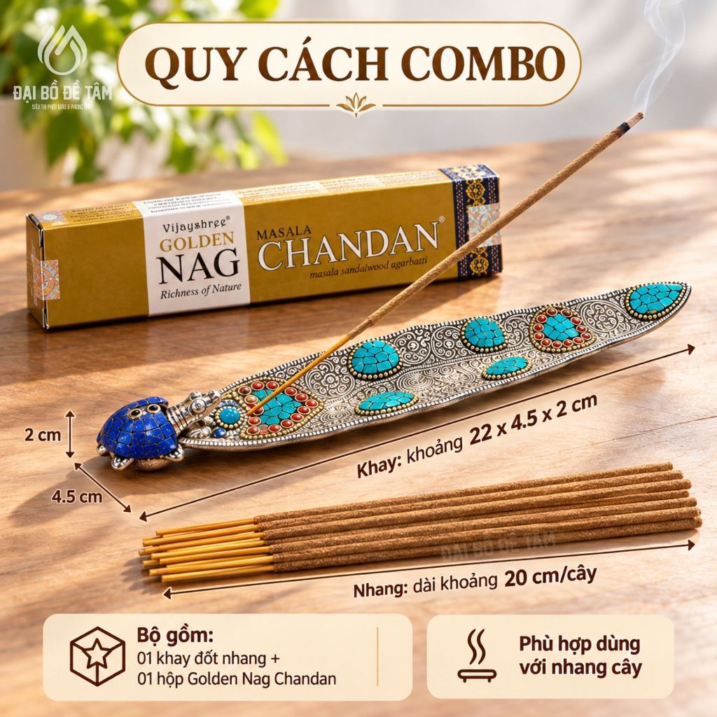 [COMBO 3 Hộp] Nhang Ấn Độ Vijayshree Golden Nag + Tặng Khay Đốt Nhang Cổ Tây Tạng - Không gian bài trí trang nghiêm thanh tịnh - Siêu Thị Đại Bồ Đề Tâm