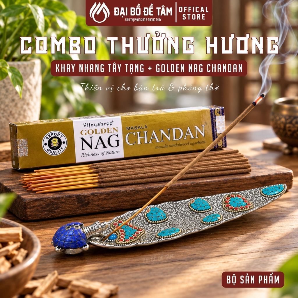 [COMBO 3 Hộp] Nhang Ấn Độ Vijayshree Golden Nag + Tặng Khay Đốt Nhang Cổ Tây Tạng - Trọn bộ combo tâm linh cao cấp - Siêu Thị Đại Bồ Đề Tâm