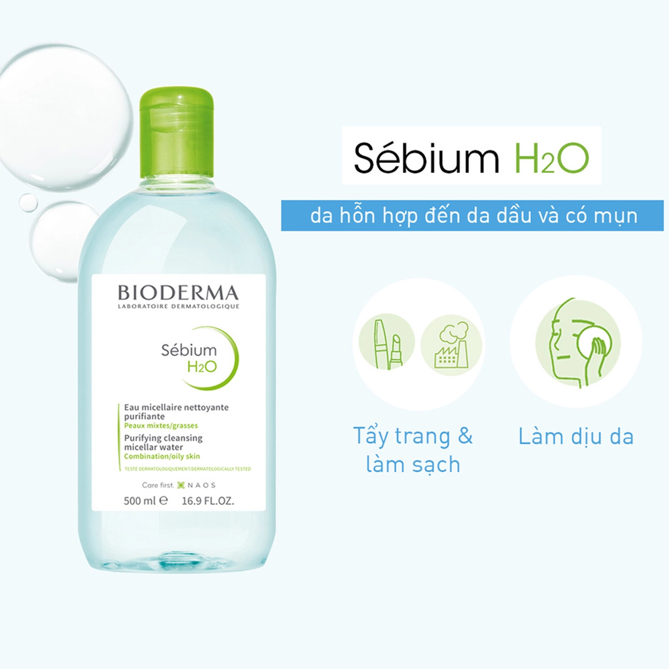 BIODERMA Nước Tẩy Trang Dành Cho Da Dầu & Hỗn Hợp - SEBIUM H2O (100ml/250ml/500ml)