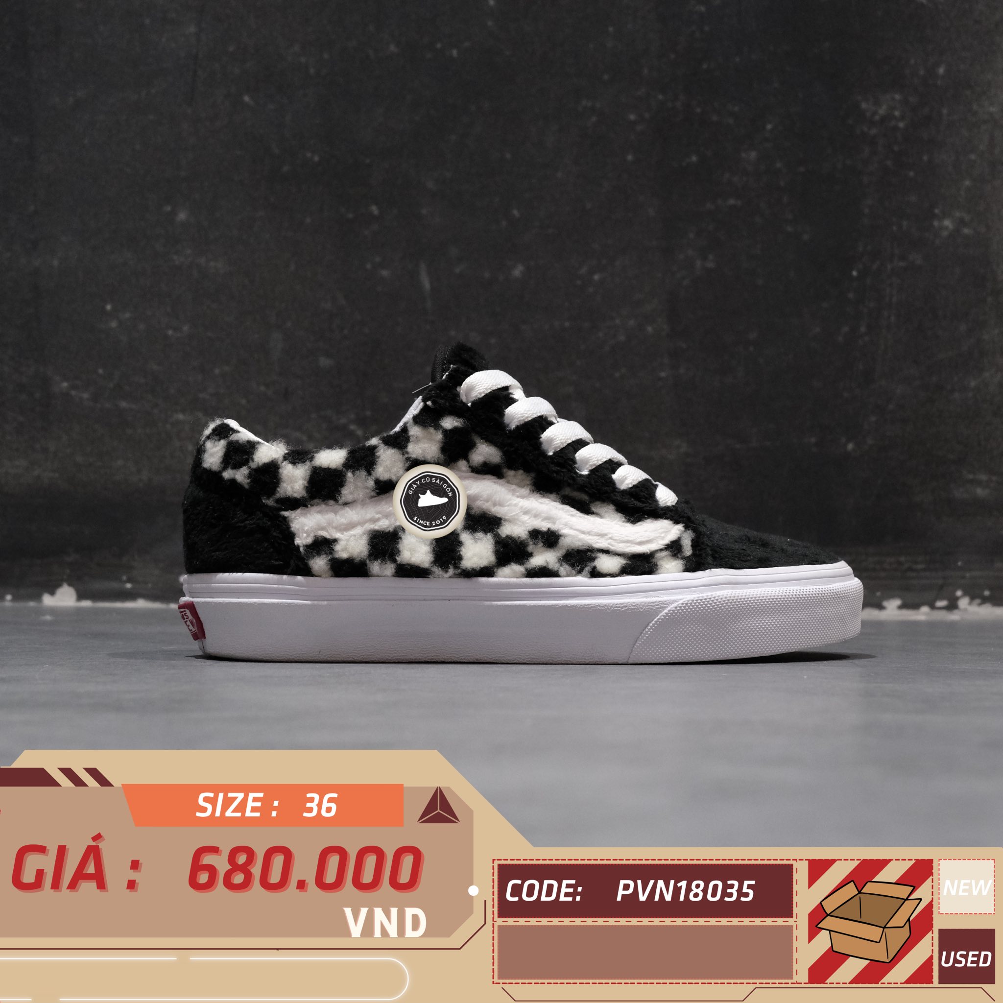 VANS OLD SKOOL SHERPA FAUX FUR BLACK WHITE CHECKER SIZE 36 - GIÀY 2HAND CHÍNH HÃNG