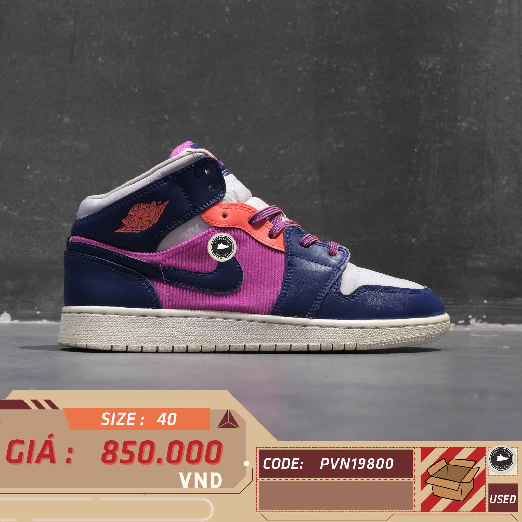 AIR JORDAN 1 MID (GS) – REGALY PURPLE FIRE PINK (mã 555112-602) SIZE 40 GIÀY 2HAND CHÍNH HÃNG PVN19800