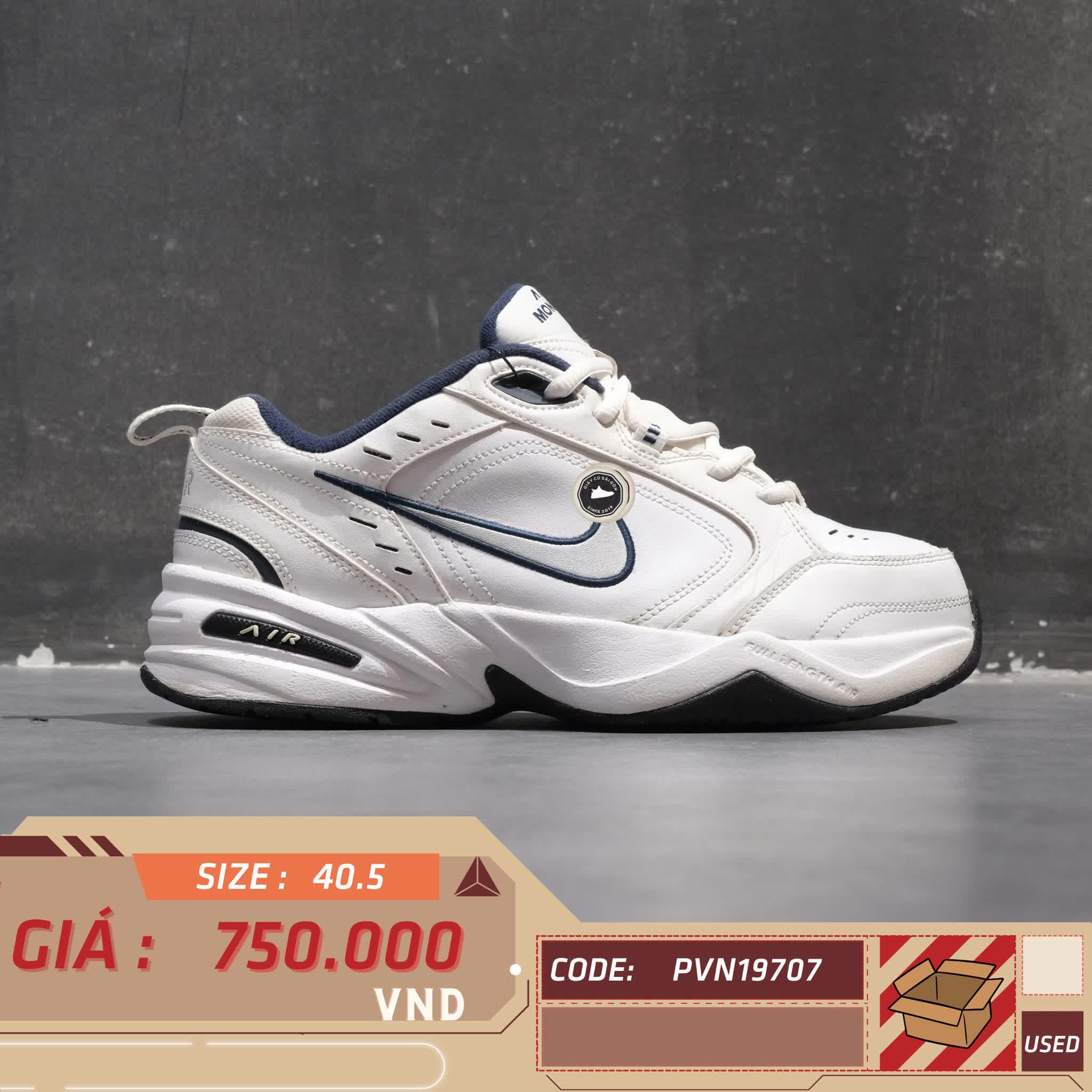 NIKE AIR MONARCH IV “WHITE × METALLIC SILVER × MIDNIGHT NAVY” 416355-102 SIZE 40.5 GIÀY 2HAND CHÍNH HÃNG PVN19707