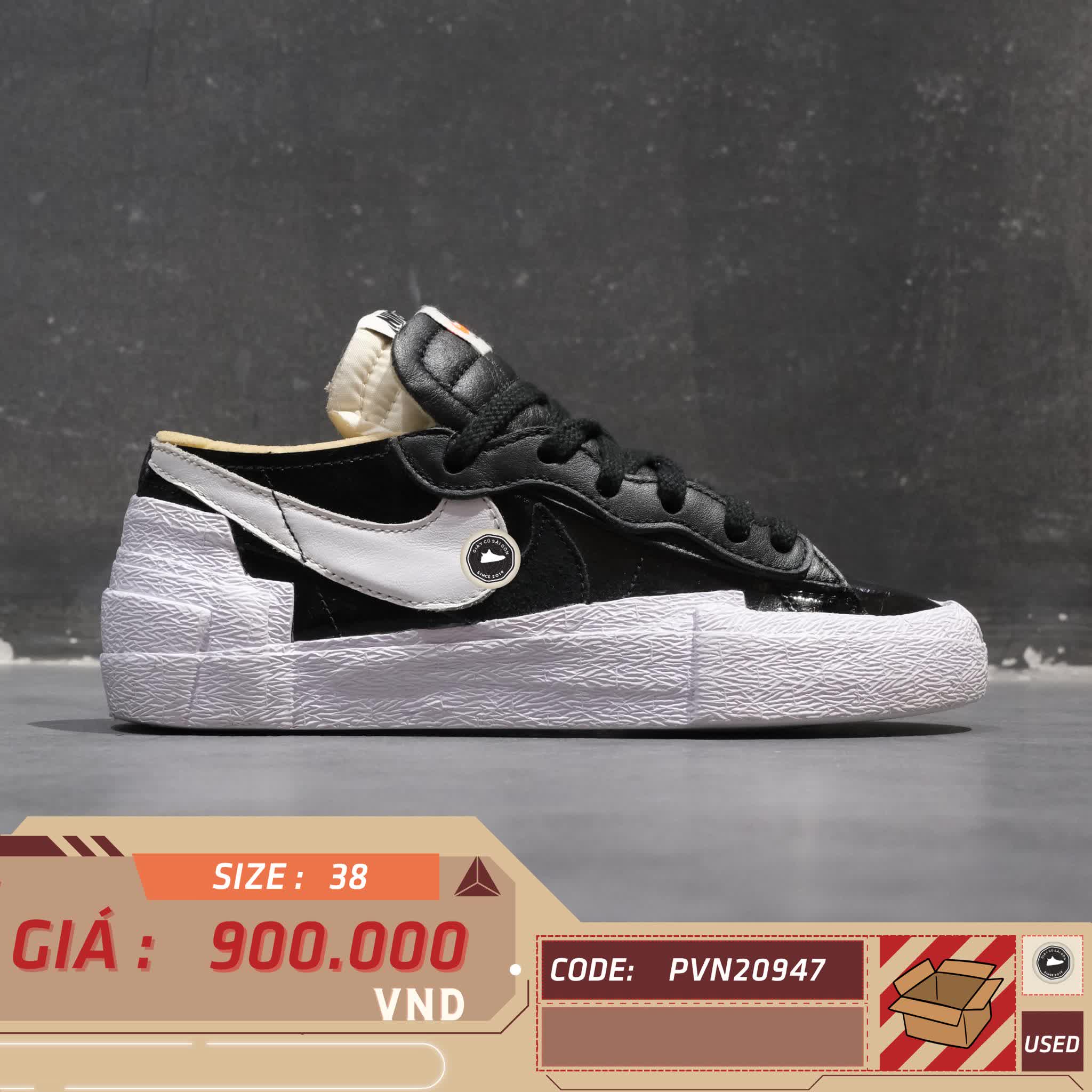 NIKE BLAZER LOW SACAI BLACK PATENT LEATHER DM6443-001 SIZE 38 GIÀY 2HAND CHÍNH HÃNG PVN20947