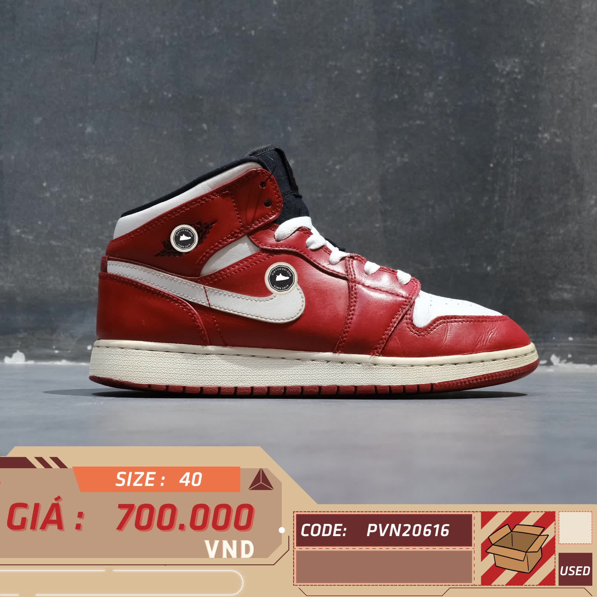 AIR JORDAN 1 MID 'GYM RED BLACK WHITE' 554725 605 SIZE 40 GIÀY 2HAND CHÍNH HÃNG PVN20616