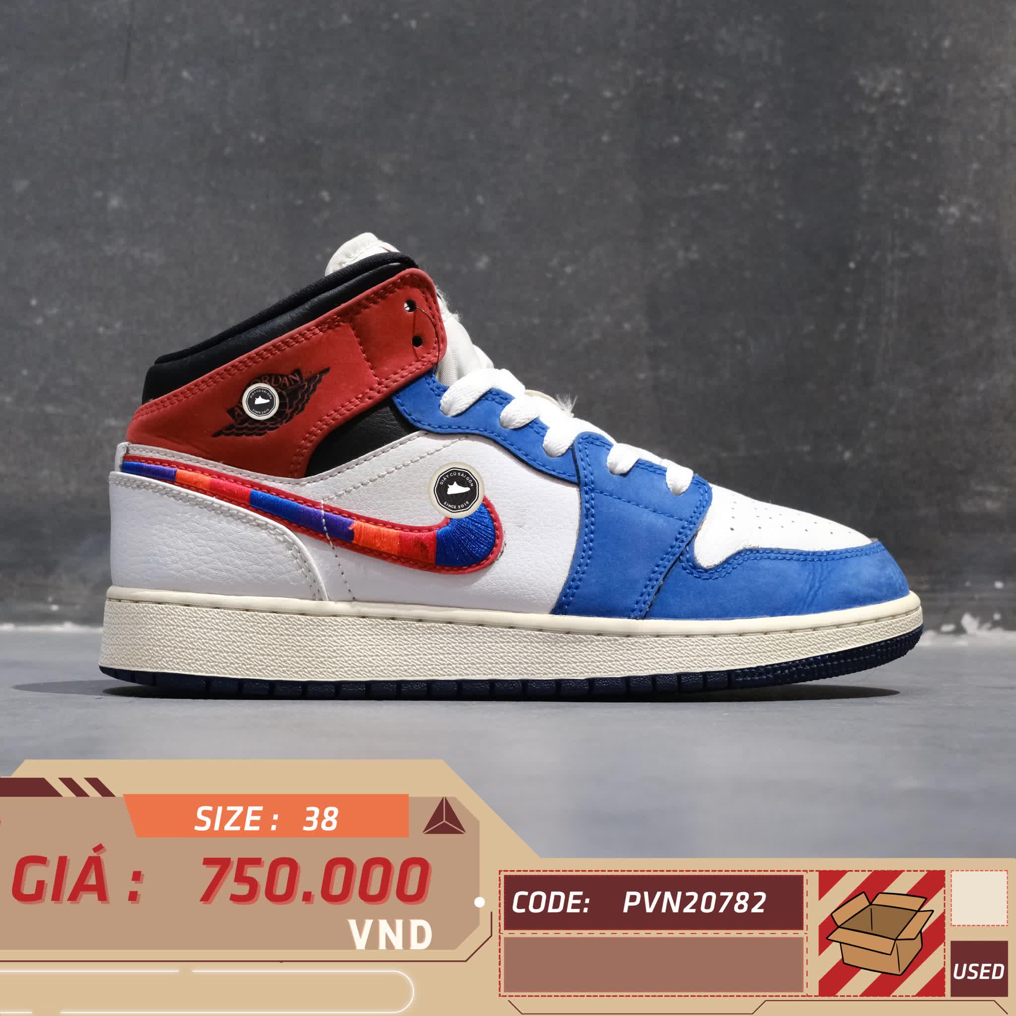 AIR JORDAN 1 MID SE GS RUSH BLUE UNIVERSITY RED BQ6931 146 SIZE 38 GIÀY 2HAND CHÍNH HÃNG PVN20782