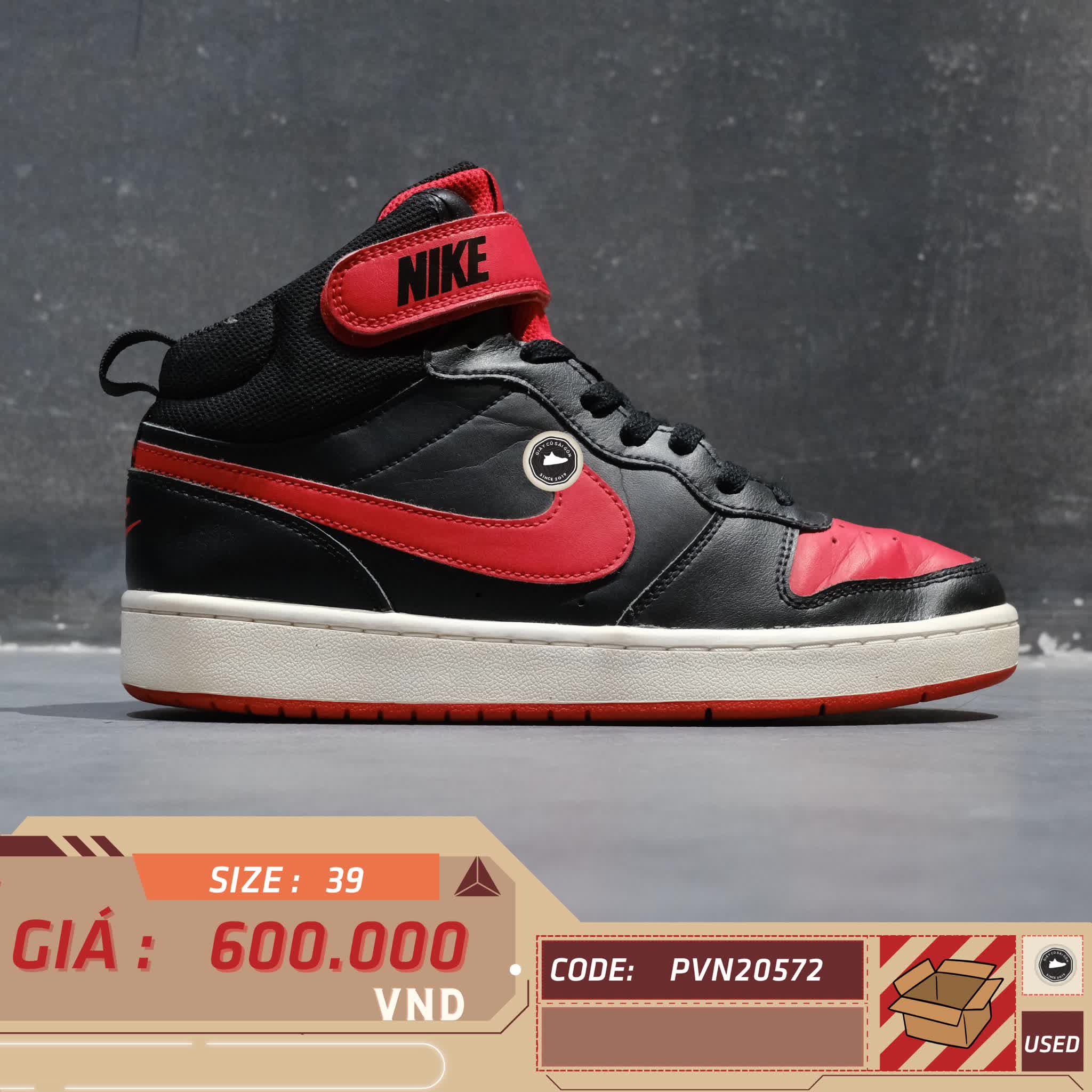 NIKE COURT BOROUGH MID 2 BLACK UNIVERSITY RED GS CD7782 003 SIZE 39 GIÀY 2HAND CHÍNH HÃNG PVN20572