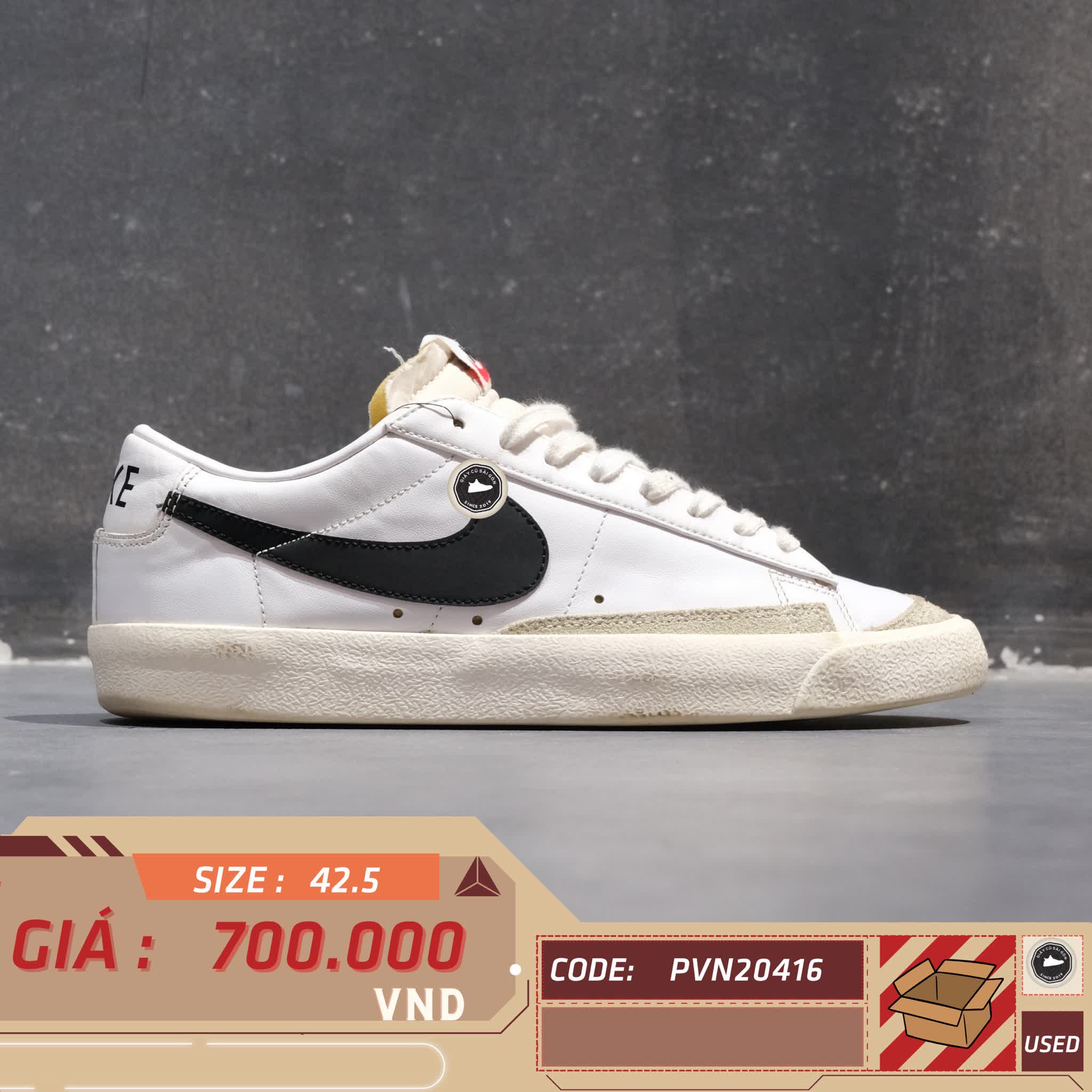 NIKE BLAZER LOW '77 VINTAGE 'WHITE BLACK' DA6364 101 SIZE 42.5 GIÀY 2HAND CHÍNH HÃNG PVN20416