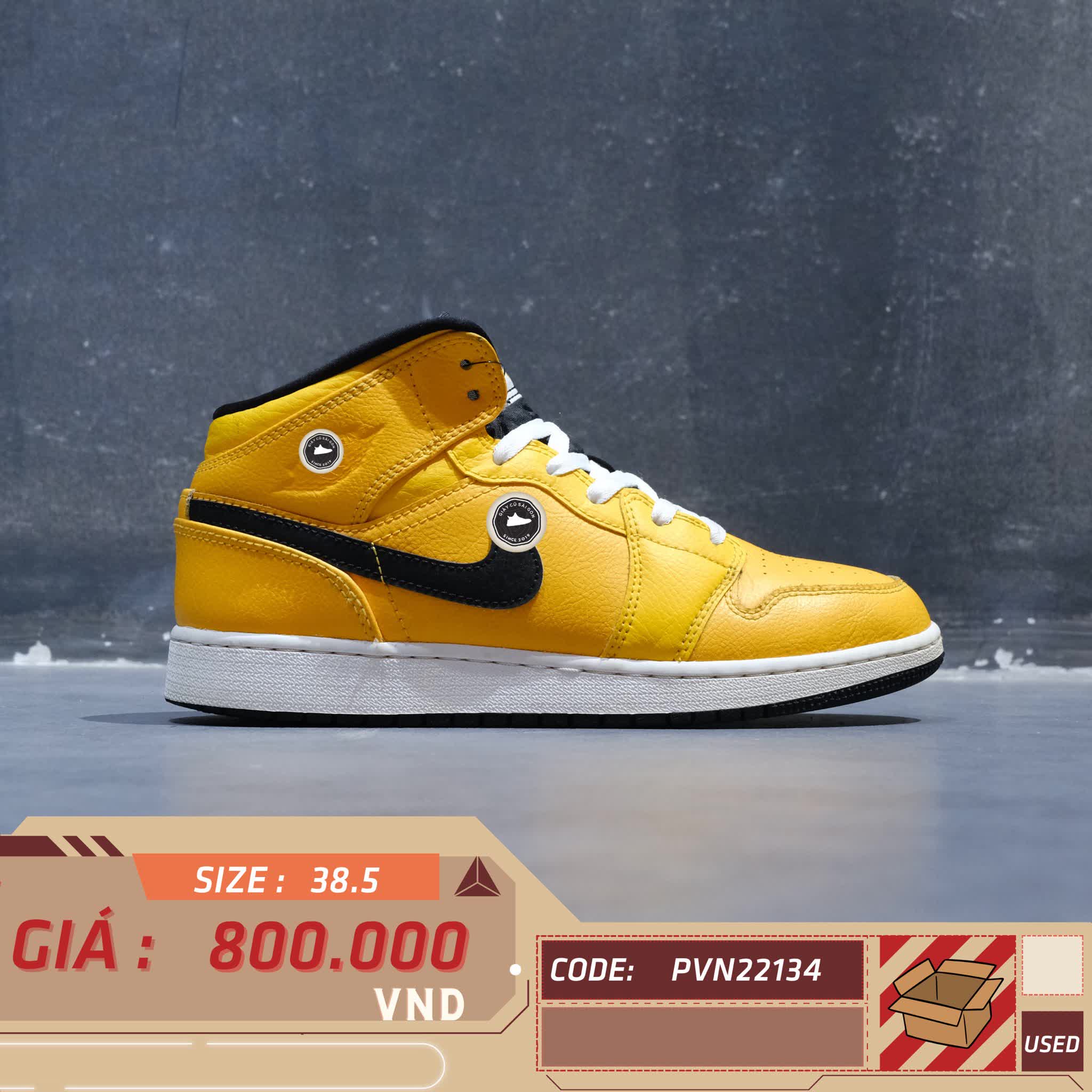 JORDAN 1 MID UNIVERSITY GOLD BLACK (GS) 554725 700 SIZE 38.5 GIÀY 2HAND CHÍNH HÃNG PVN22134