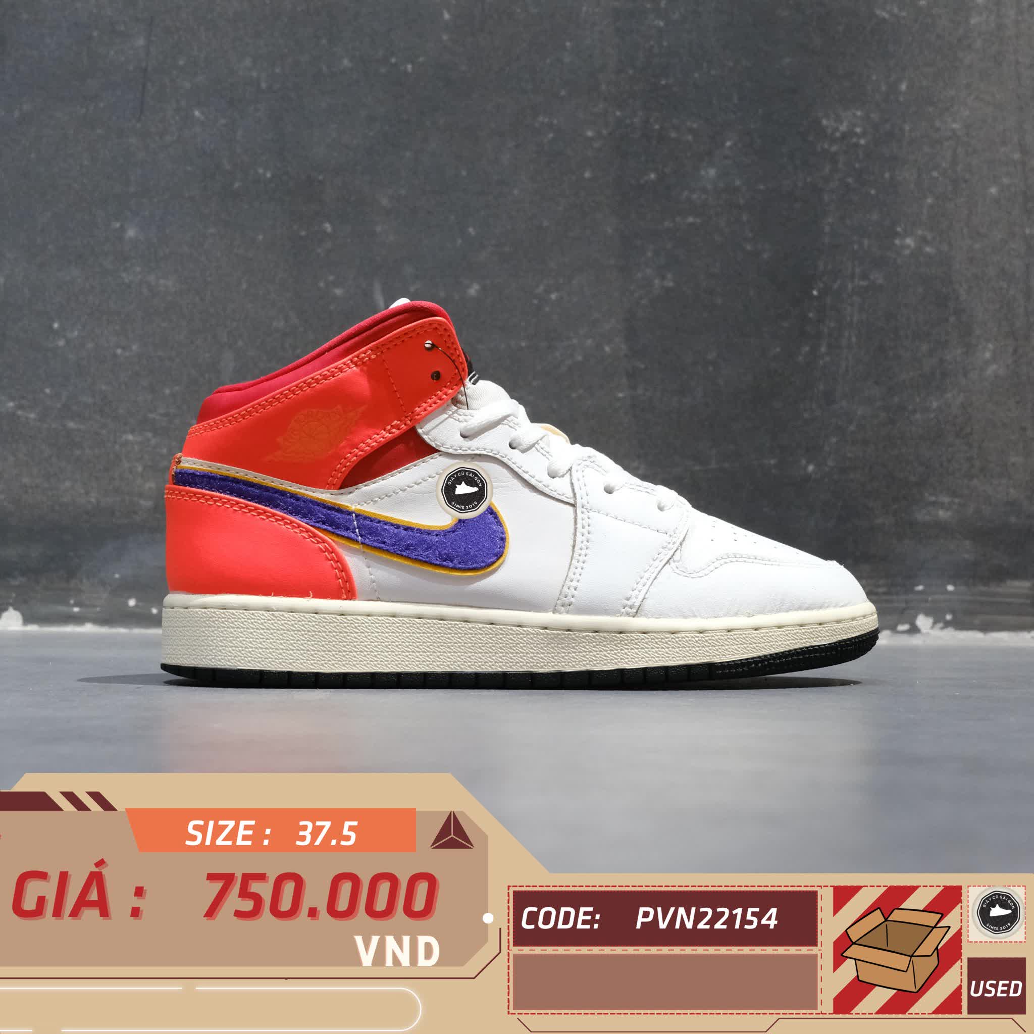 SIAir Jordan 1 Mid Alternate Multi-Color (GS) White Court Purple Spirit Teal 554725 128 SIZE 37.5 GIÀY 2HAND CHÍNH HÃNG PVN22154