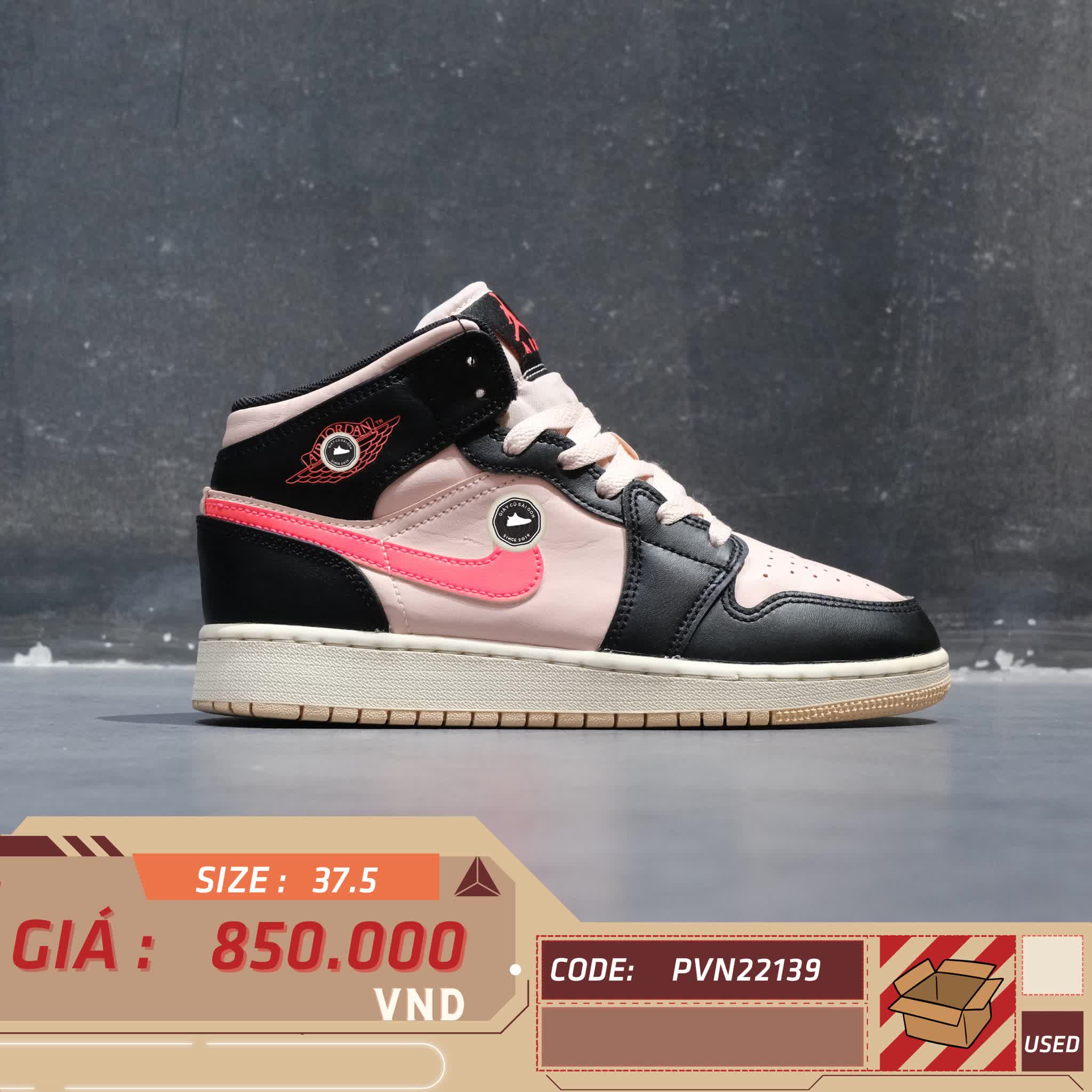 JORDAN 1 MID GS 'BLACK PINK CRIMSON' 554725 604 SIZE 37.5 GIÀY 2HAND CHÍNH HÃNG PVN22139