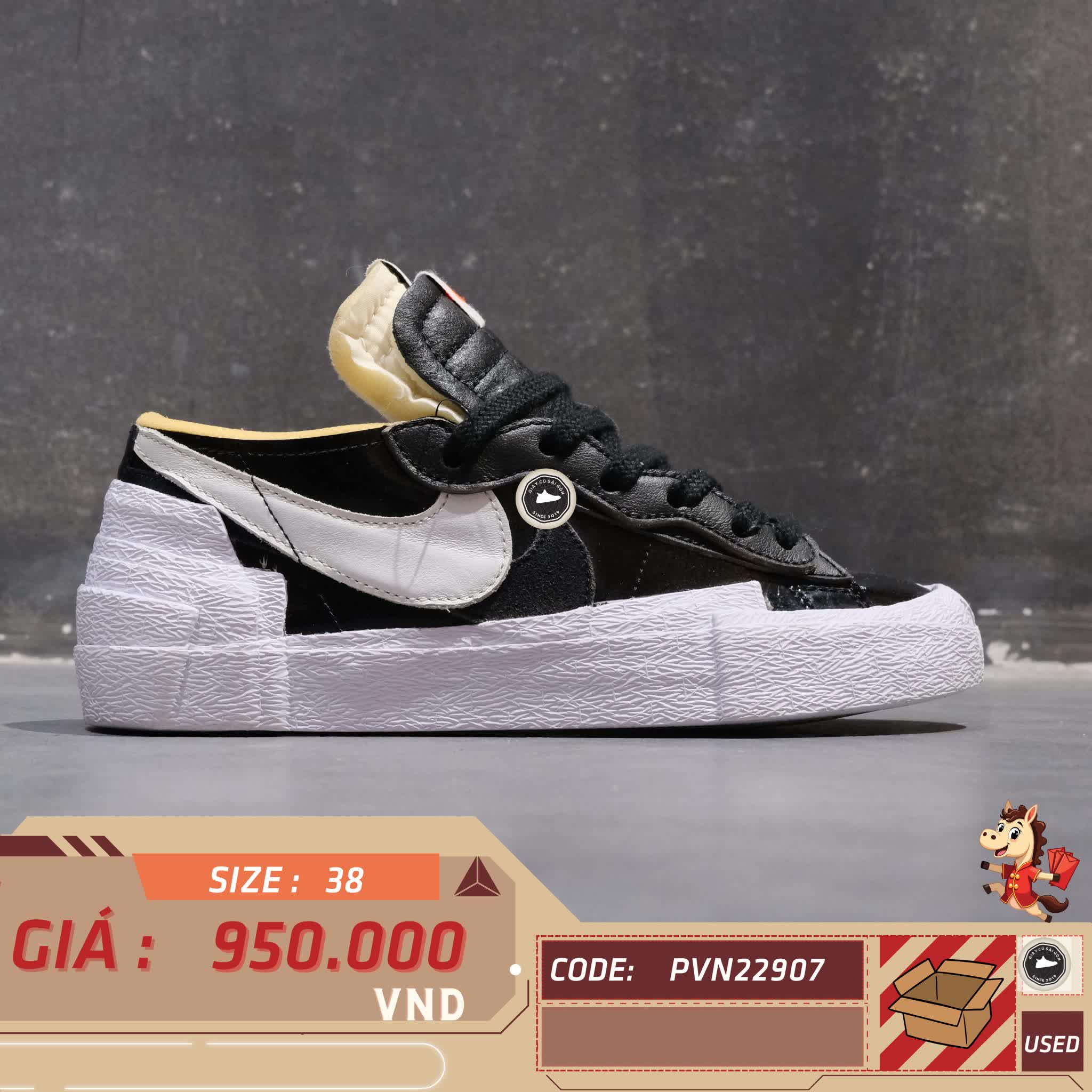 🔥 Giày Nike Blazer Low ‘Sacai Black Leather’ DM6443‑001 – SIZE 38 – PVN22907 – CHÍNH HÃNG