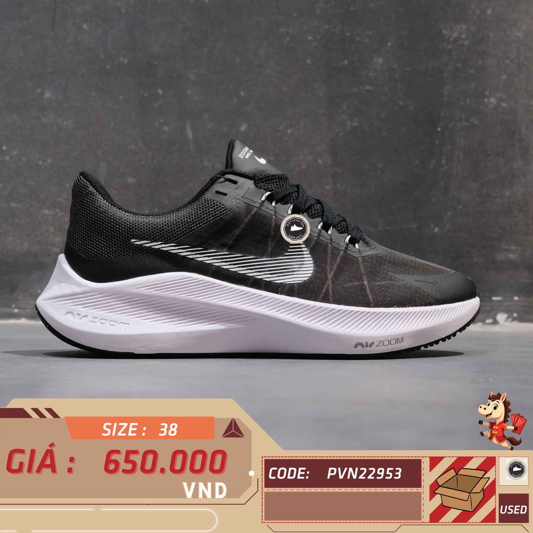 🔥 NIKE ZOOM WINFLO 8 ‘BLACK WHITE’ – SIZE 38 – PVN22953 – CHÍNH HÃNG