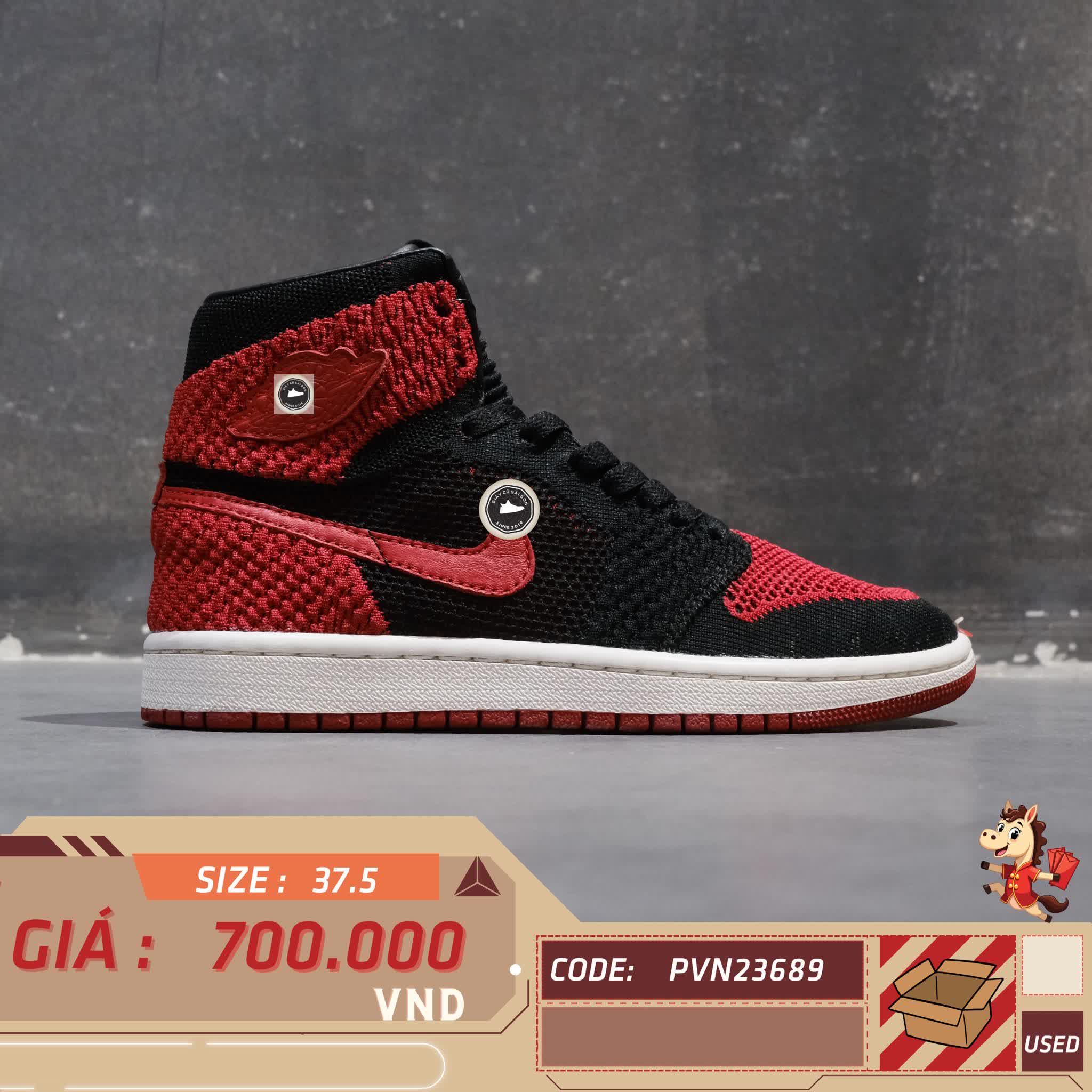 🔥 Nike Air Jordan 1 Retro High Flyknit 'Bred' 919702‑001 – SIZE 37.5 – PVN23689 – CHÍNH HÃNG