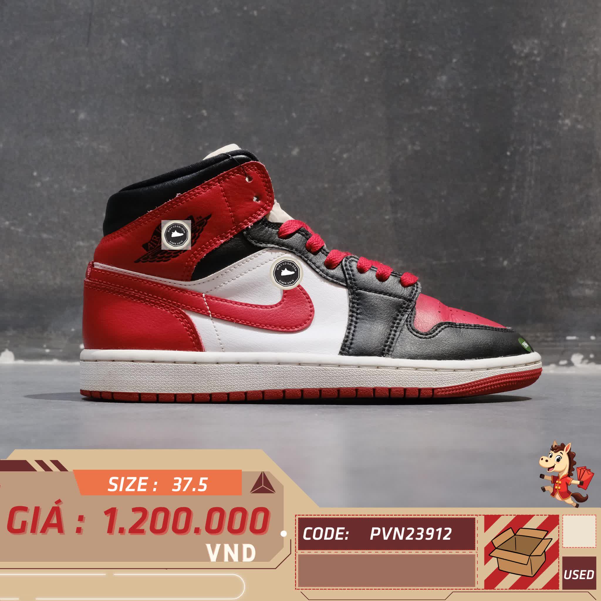 🔥 Jordan 1 Mid Alternate Bred Toe – SIZE 37.5 – PVN23912 – CHÍNH HÃNG