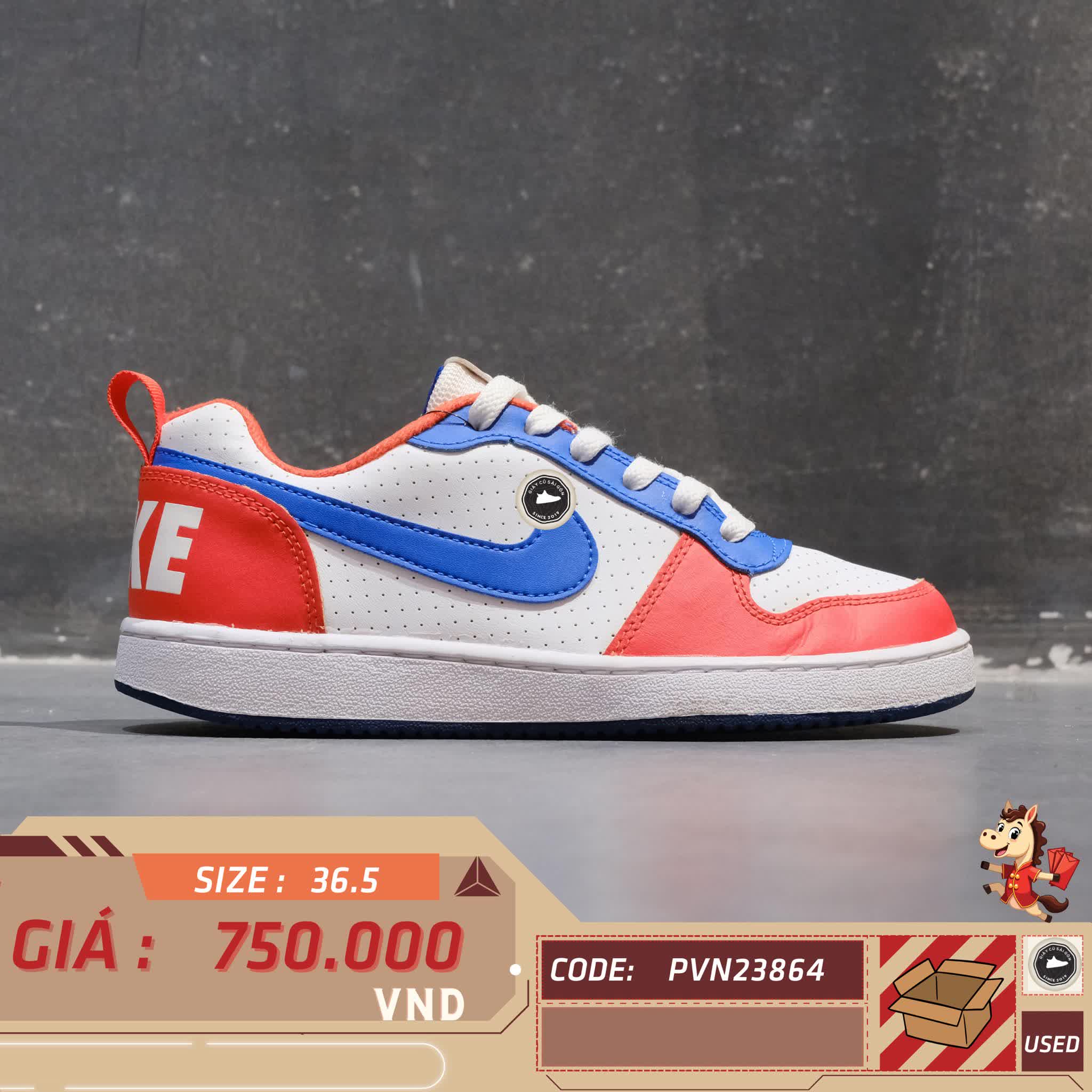 🔥 NIKE COURT BOROUGH LOW “WHITE/BLUE/ORANGE” – SIZE 36.5 – PVN23864 – CHÍNH HÃNG