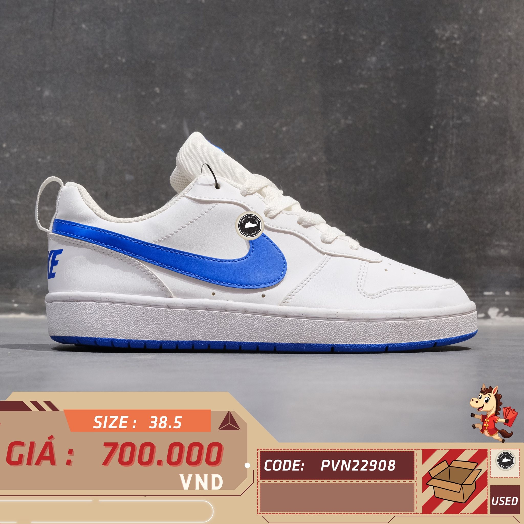 Nike Court Borough Low Recraft GS White Hyper Royal - DV5456 110 - Size 38.5 - GIÀY 2HAND CHÍNH HÃNG PVN22908