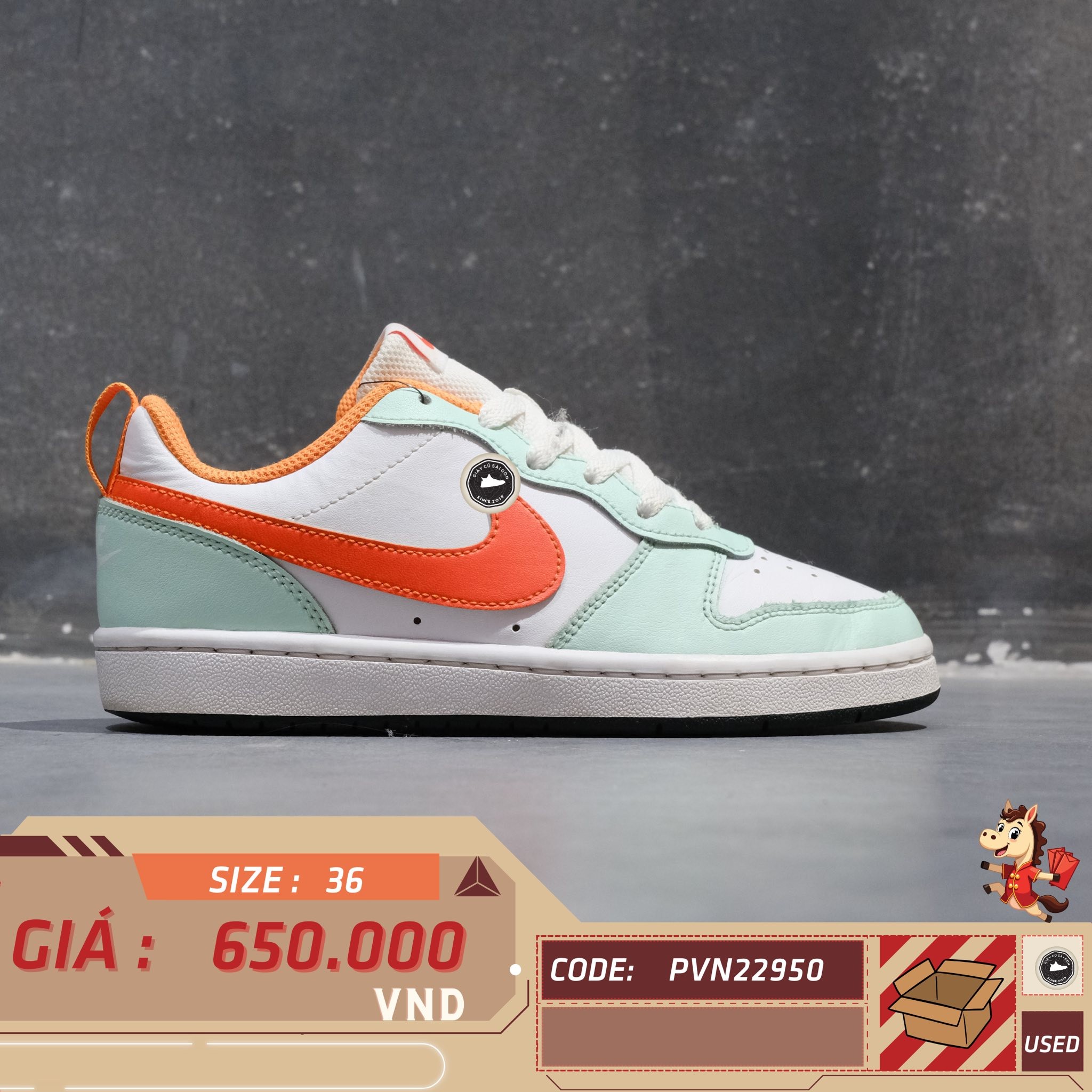 Nike Court Borough Low 2 GS Mint Foam Safety Orange - FN3687 181 - Size 36 - GIÀY 2HAND CHÍNH HÃNG PVN22950