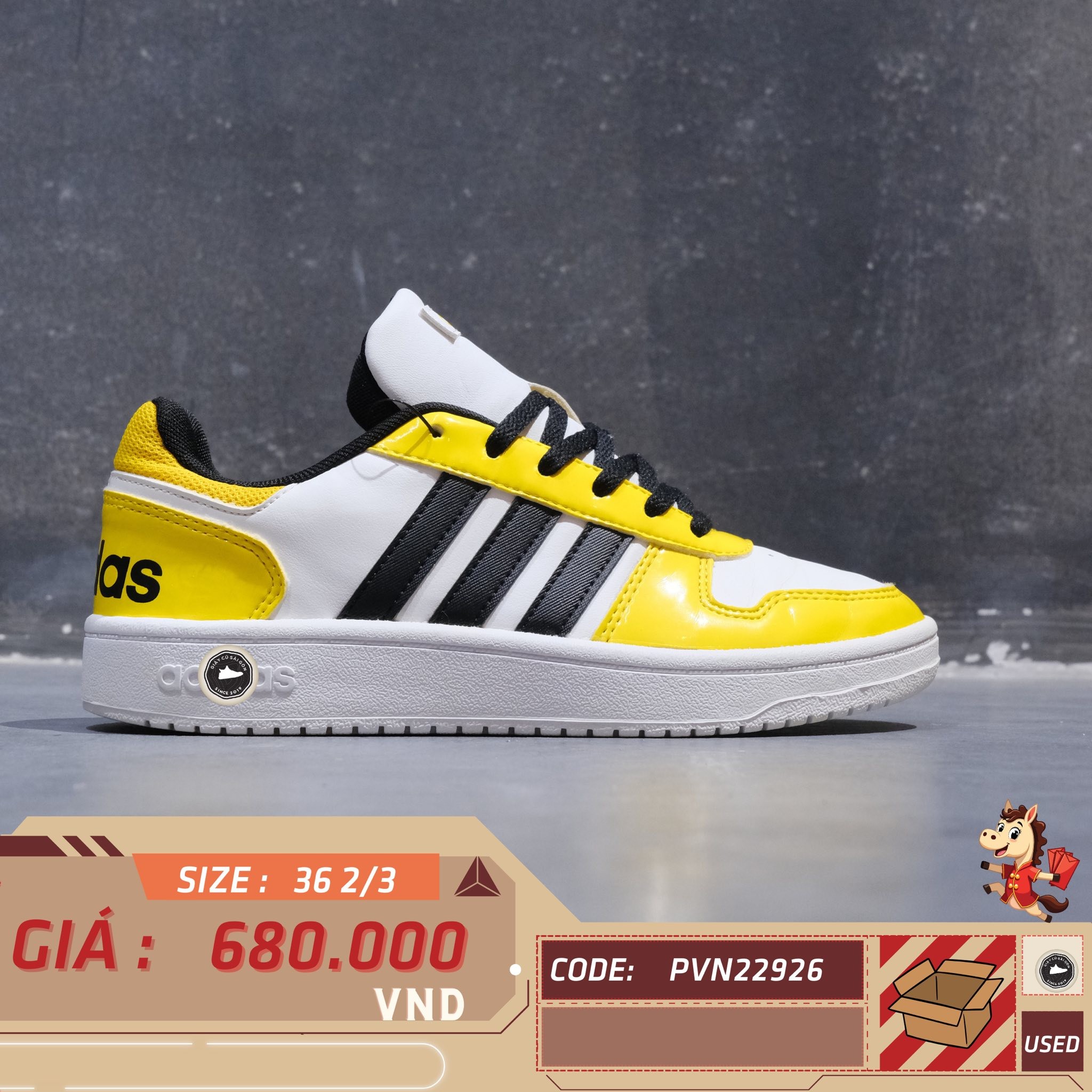 Adidas Hoops 2.0 White Yellow Black - H01212 - Size 36 2/3 - GIÀY 2HAND CHÍNH HÃNG PVN22926