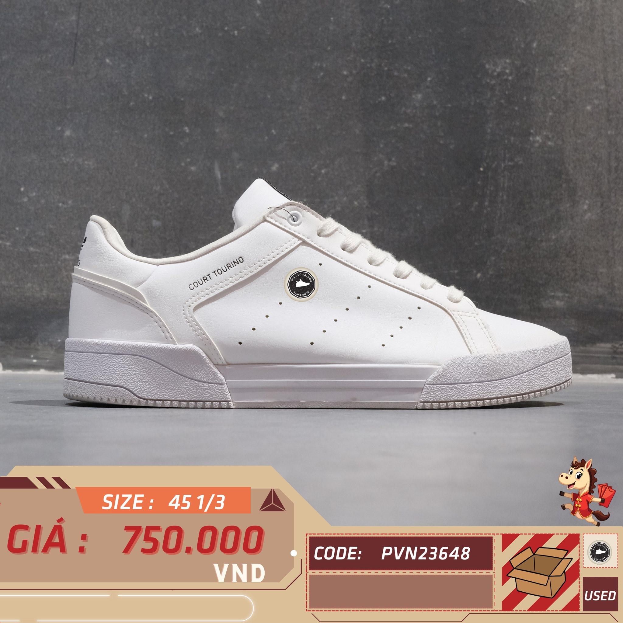 Adidas Court Tourino White - H02177 - Size 45 1/3 - GIÀY 2HAND CHÍNH HÃNG PVN23648