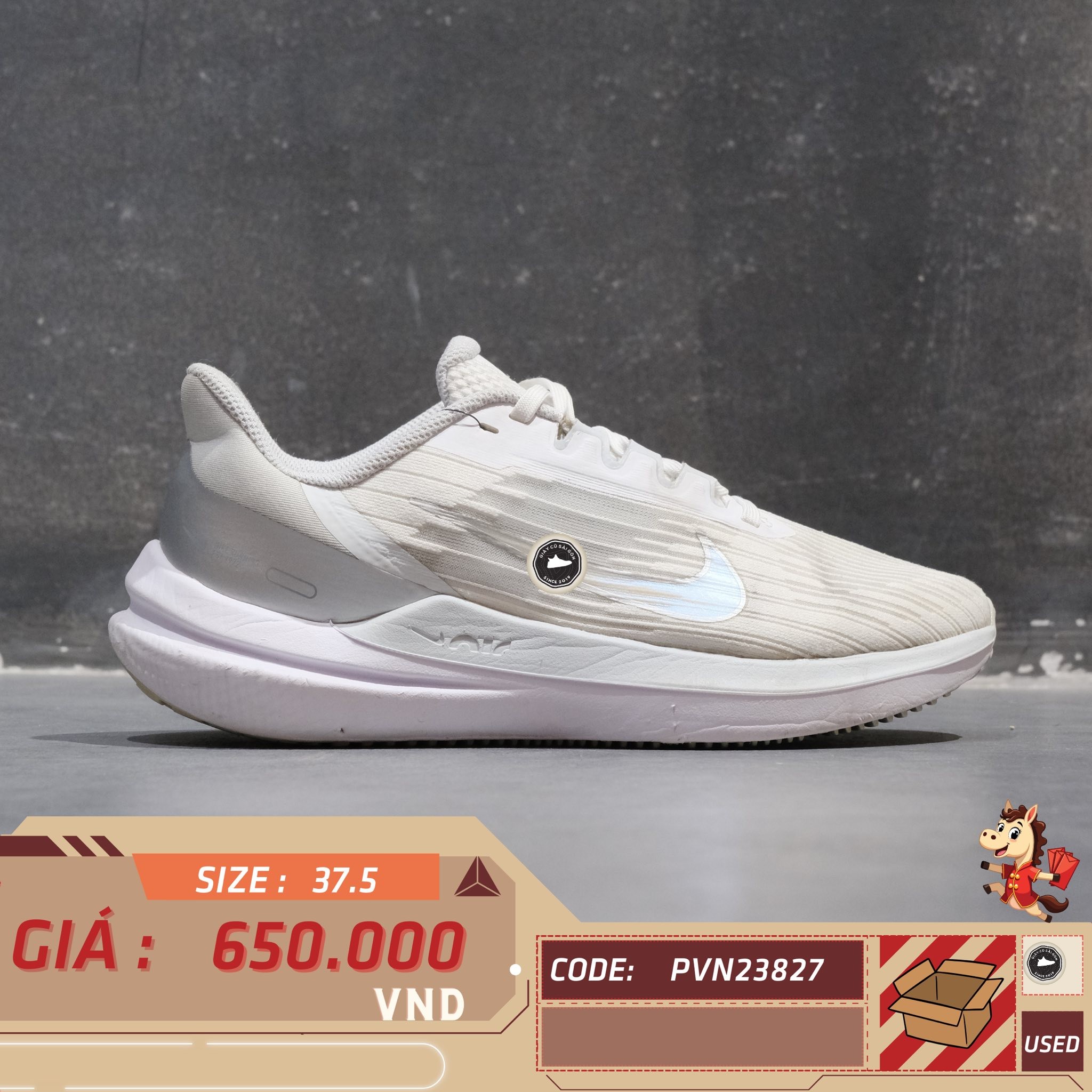 Nike Air Zoom Winflo 9 White Metallic Silver - DD8686 100 - Size 37.5 - GIÀY 2HAND CHÍNH HÃNG PVN23827