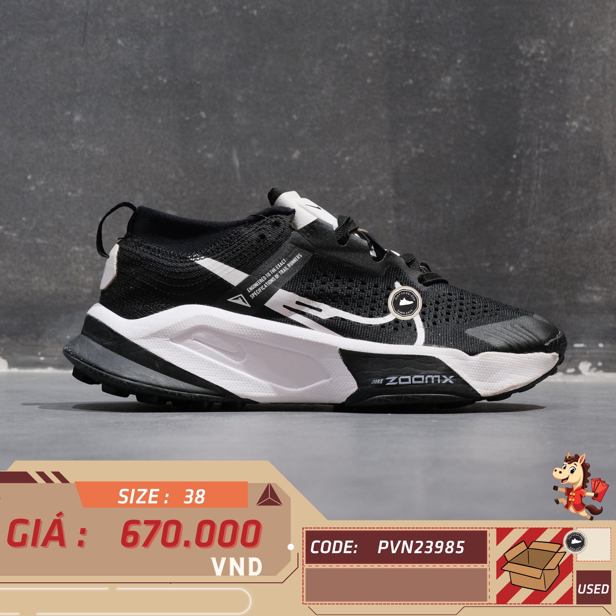 Nike ZoomX Zegama Trail Black White - DH0625 001 - Size 38 - GIÀY 2HAND CHÍNH HÃNG PVN23985