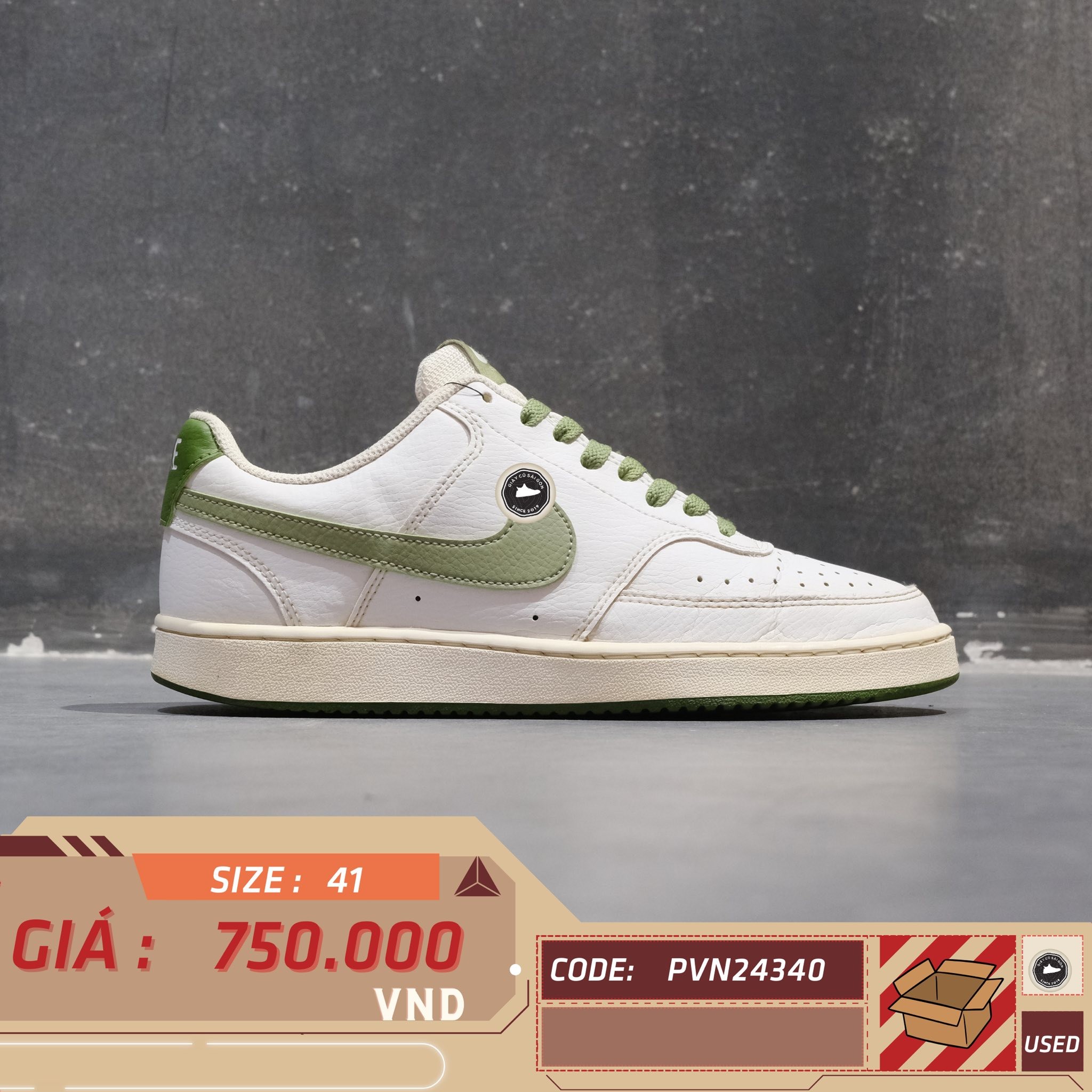 Nike Court Vision Low White Oil Green - FJ5480 100 - Size 41 - GIÀY 2HAND CHÍNH HÃNG PVN24340