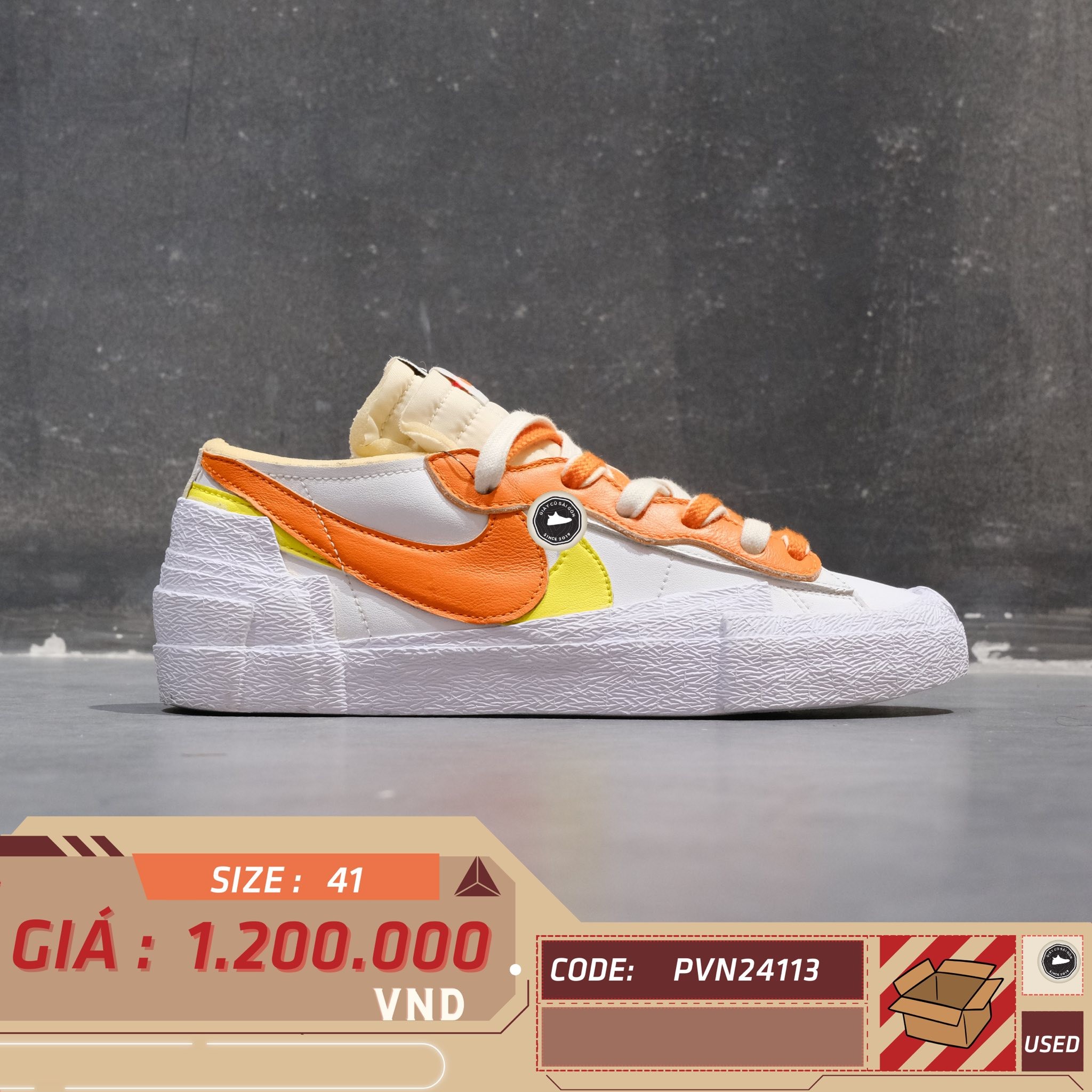 Nike Blazer Low sacai White Magma Orange - DD1877 100 - Size 41 - GIÀY 2HAND CHÍNH HÃNG PVN24113